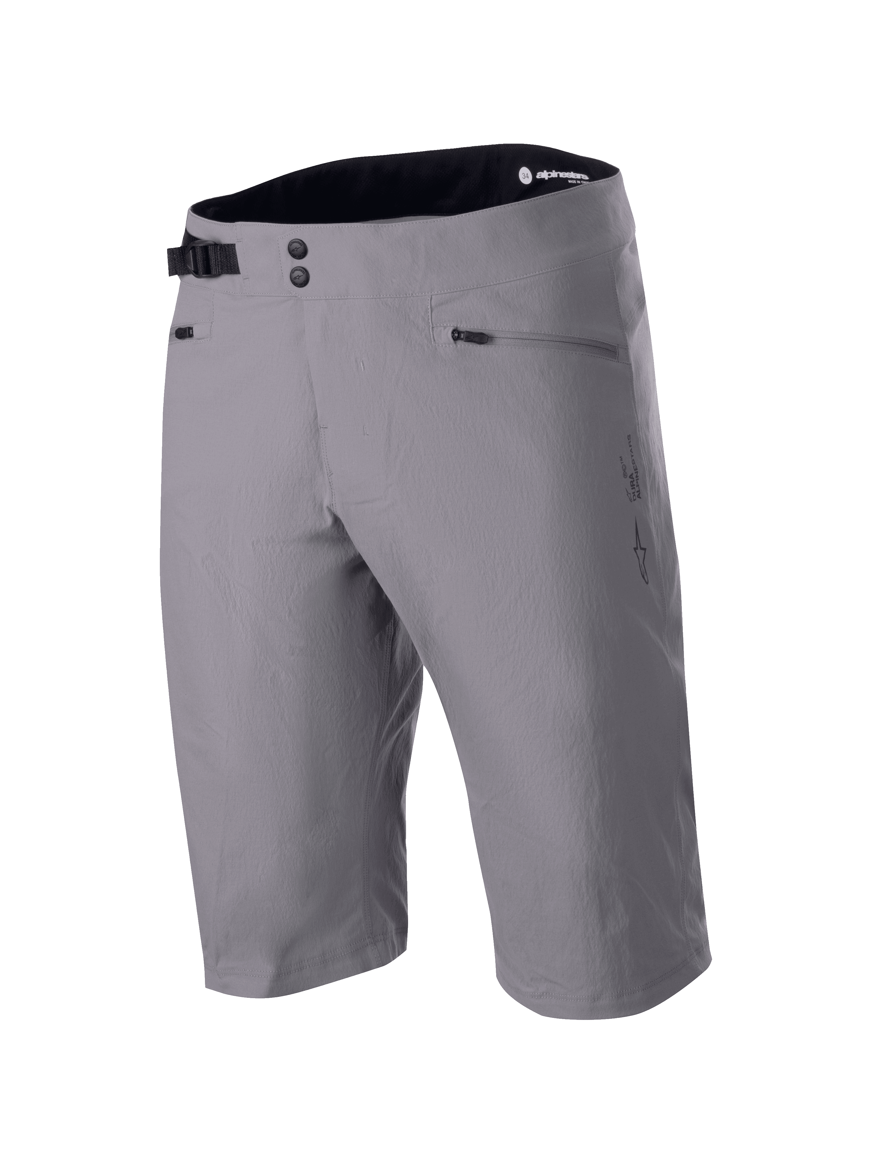 Alpinestars A-Dura Liner Shorts, dunkelgraue MTB-Mountainbike-Shorts, doppelter Druckknopfverschluss vorne mit verstellbarer seitlicher Schnalle, Reißverschlusstaschen, strapazierfähiges 2-Wege-Stretch-Textilgewebe, Astars-Logo an der Seite, schwarzer Innenbund