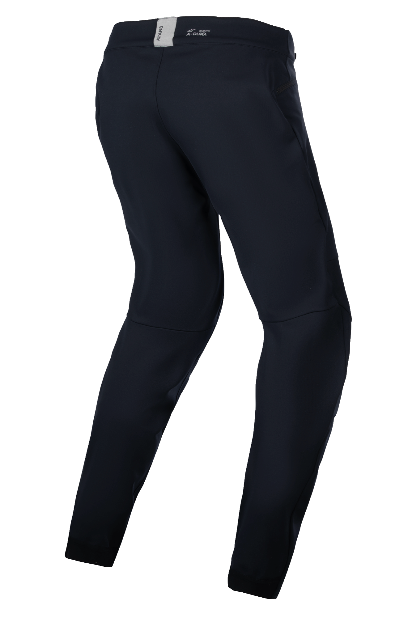 Alpinestars Stella A-Dura Thermal Pants, pantalon de VTT pour femme, noir, équipement technique pour les sorties par temps froid, vue de trois-quarts arrière mettant en avant la coupe ergonomique pré-courbée et la ceinture arrière avec marquage ASTARS.