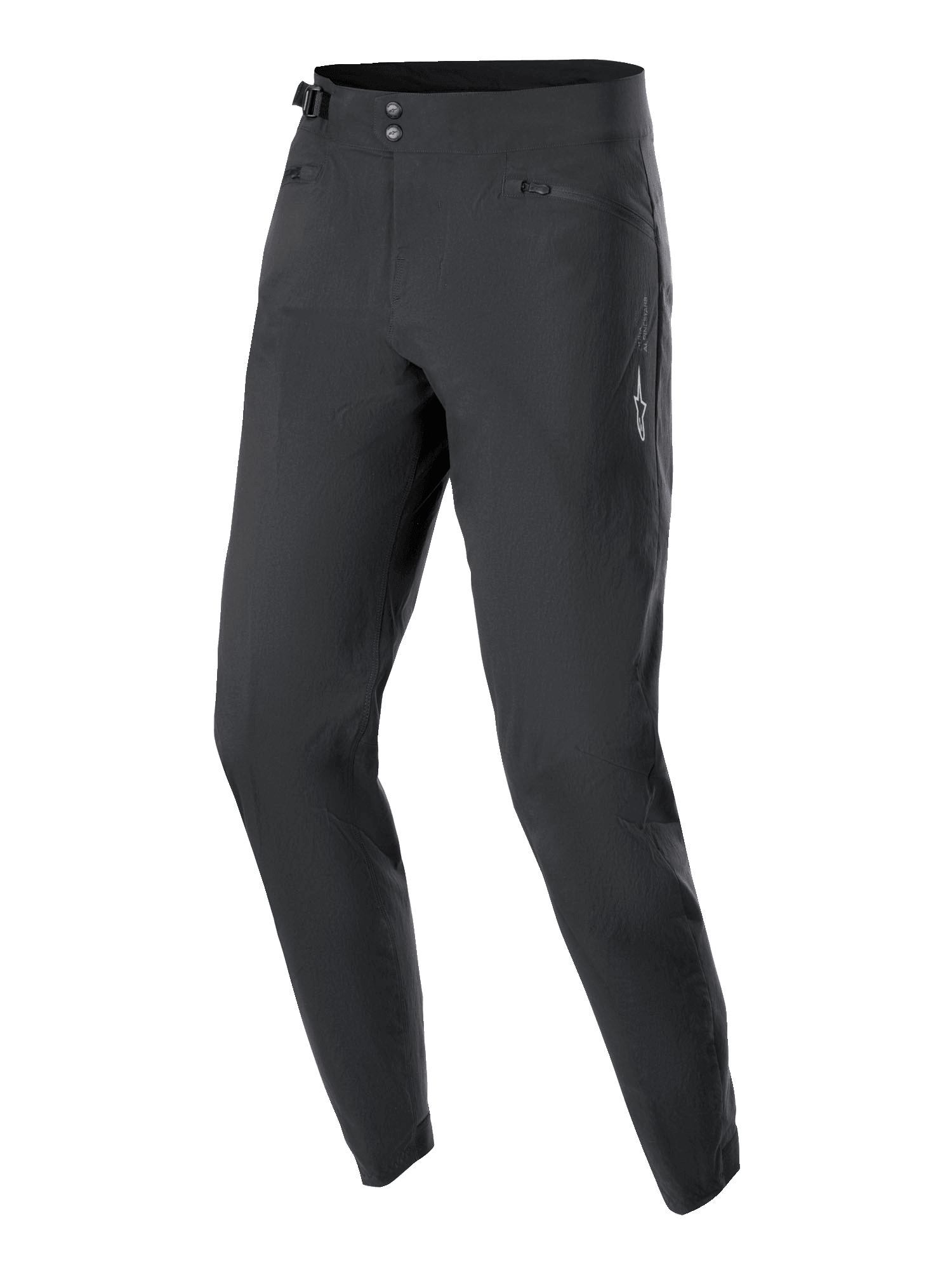 Pantalon Stella A-Dura Alpinestars pour femme, pantalon de cyclisme VTT, noir, doté d'une double fermeture à pression à l'avant, d'un ajusteur de taille latéral et de poches zippées, design minimaliste avec un petit logo étoile blanc, tissu extensible 2 directions durable pour le tout-terrain