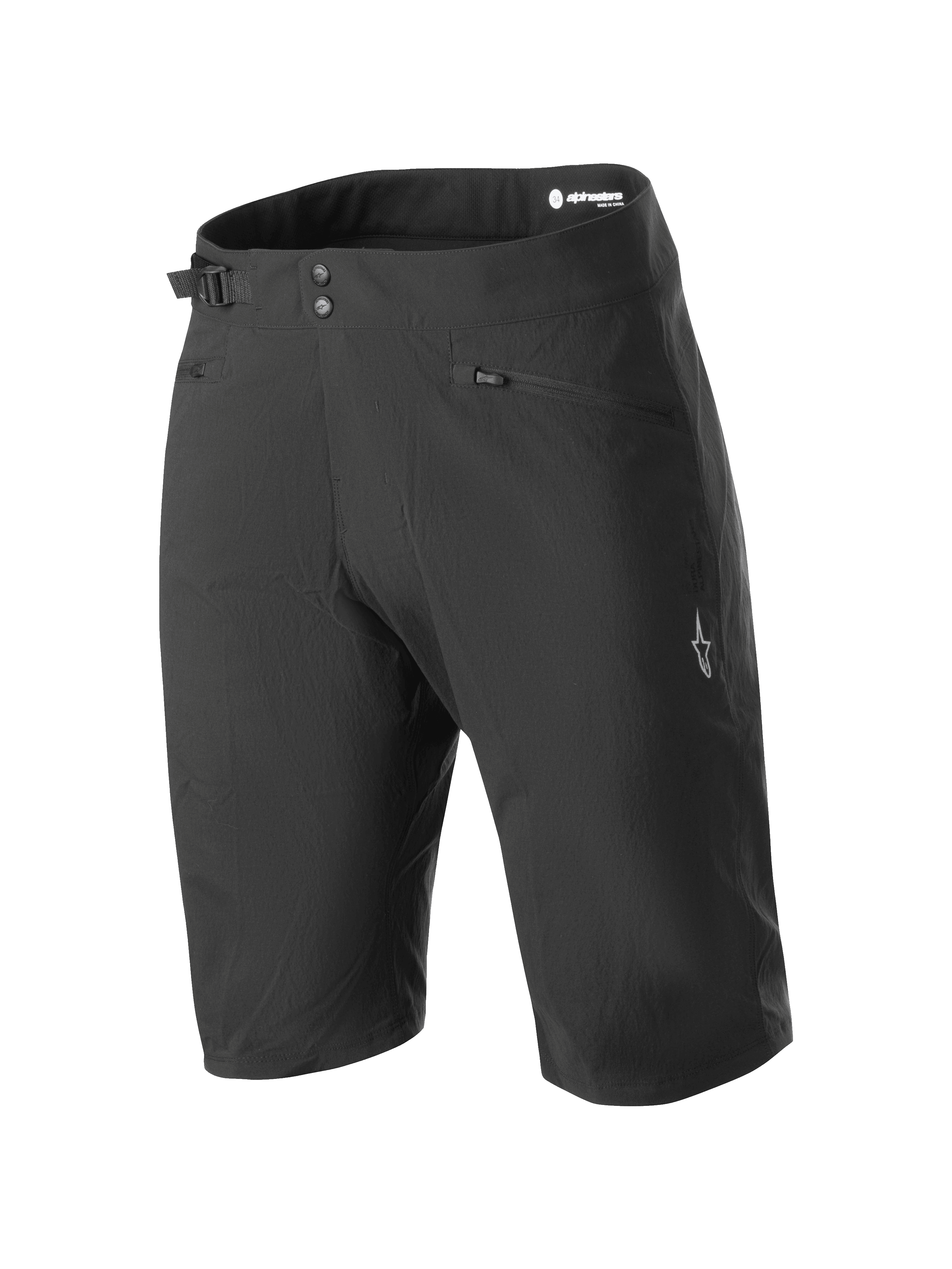 Alpinestars Stella A-Dura Liner Shorts, Damen-Mountainbike-Shorts, Schwarz, knielang mit doppeltem Druckknopfverschluss und seitlichem Taillenversteller, Reißverschlusstaschen und weißem Stern-Logo am Bein, strapazierfähiges 2-Wege-Stretch-Material für den MTB-Einsatz
