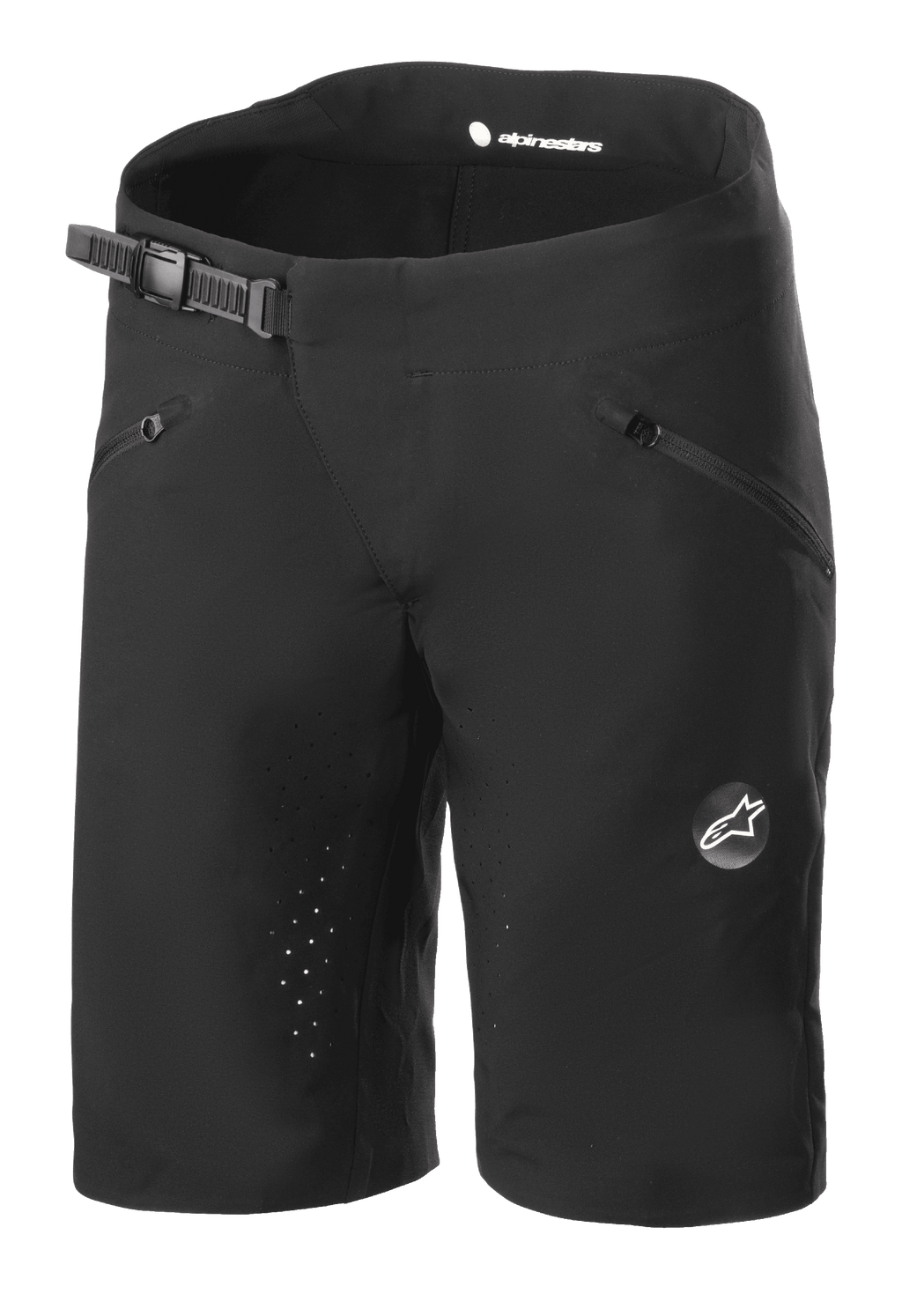 Alpinestars Stella Drop Algorithm shorts voor dames, mountainbikeshort, zwart, met ratelsluiting in de tailleband, voorzakken met ritssluiting, lasergeperforeerde binnenzomen voor ventilatie, lichtgewicht prestatiestof met Alpinestars-logo op de pijp