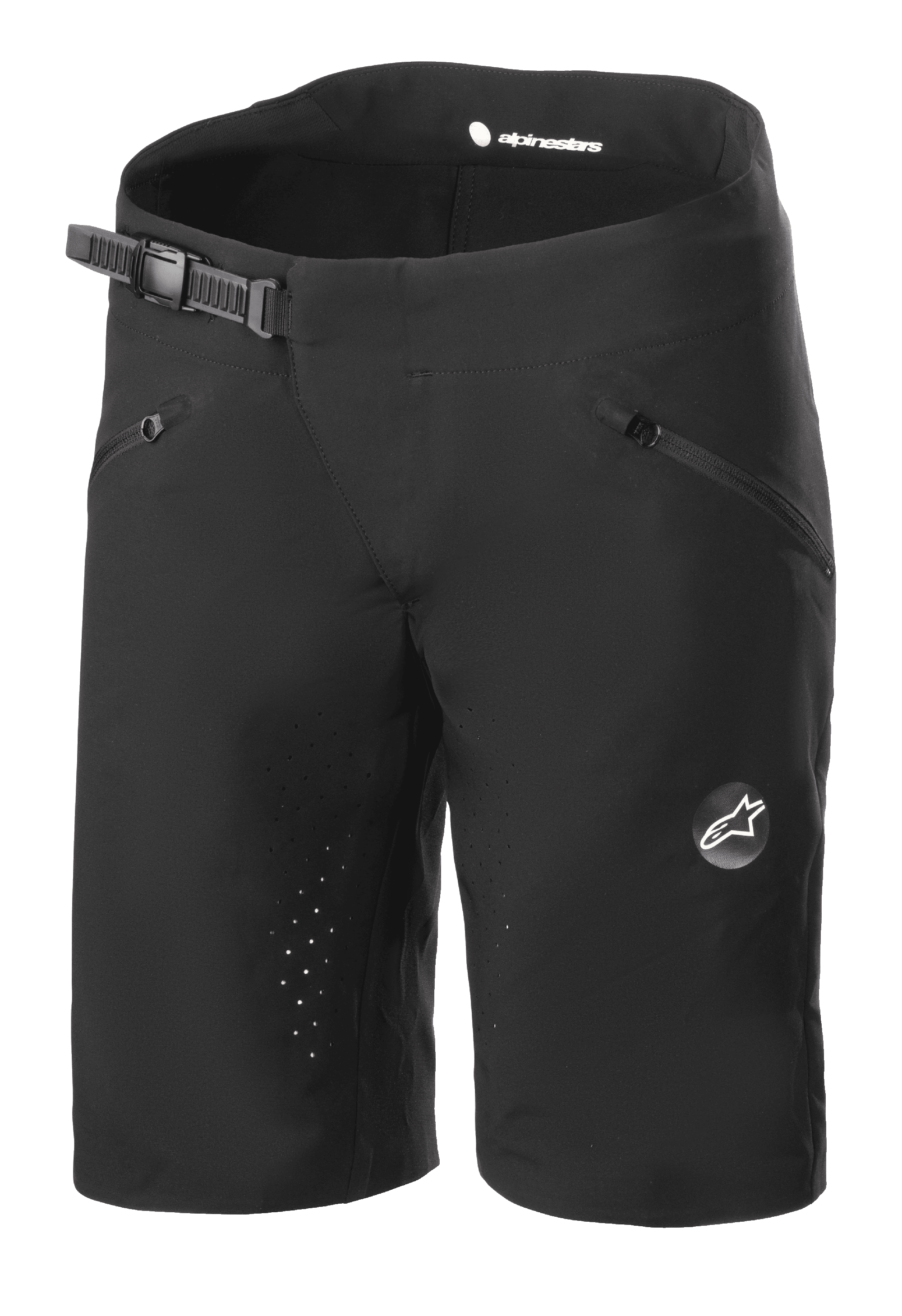 Alpinestars Stella Drop Algorithm shorts voor dames, mountainbikeshort, zwart, met ratelsluiting in de tailleband, voorzakken met ritssluiting, lasergeperforeerde binnenzomen voor ventilatie, lichtgewicht prestatiestof met Alpinestars-logo op de pijp
