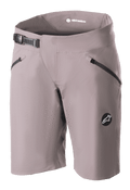 Short Alpinestars Stella Drop Algorithm pour femme, short de VTT, gris Sparrow, avec fermeture à cliquet noire à la taille, poches avant zippées, perforations laser pour la ventilation et logo circulaire, équipement de cyclisme haute performance