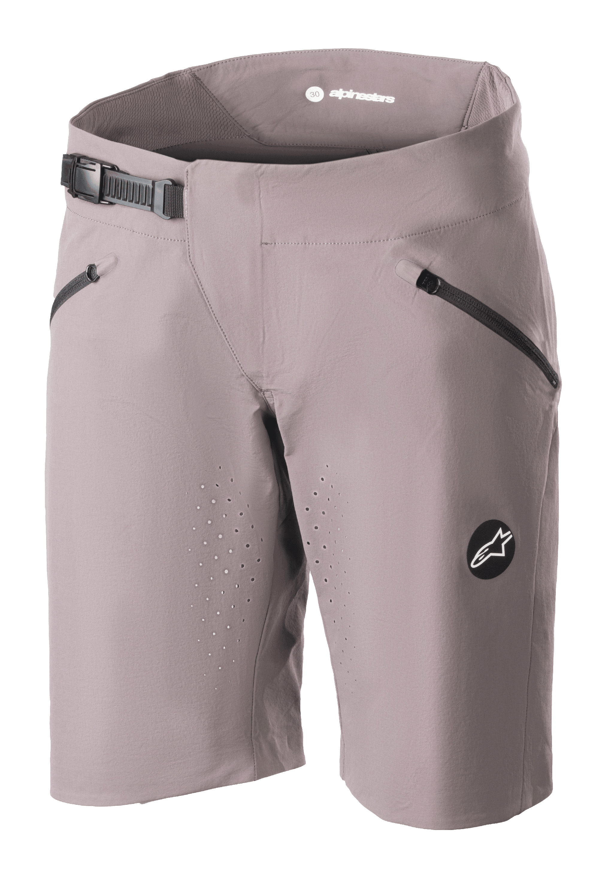 Short Alpinestars Stella Drop Algorithm pour femme, short de VTT, gris Sparrow, avec fermeture à cliquet noire à la taille, poches avant zippées, perforations laser pour la ventilation et logo circulaire, équipement de cyclisme haute performance