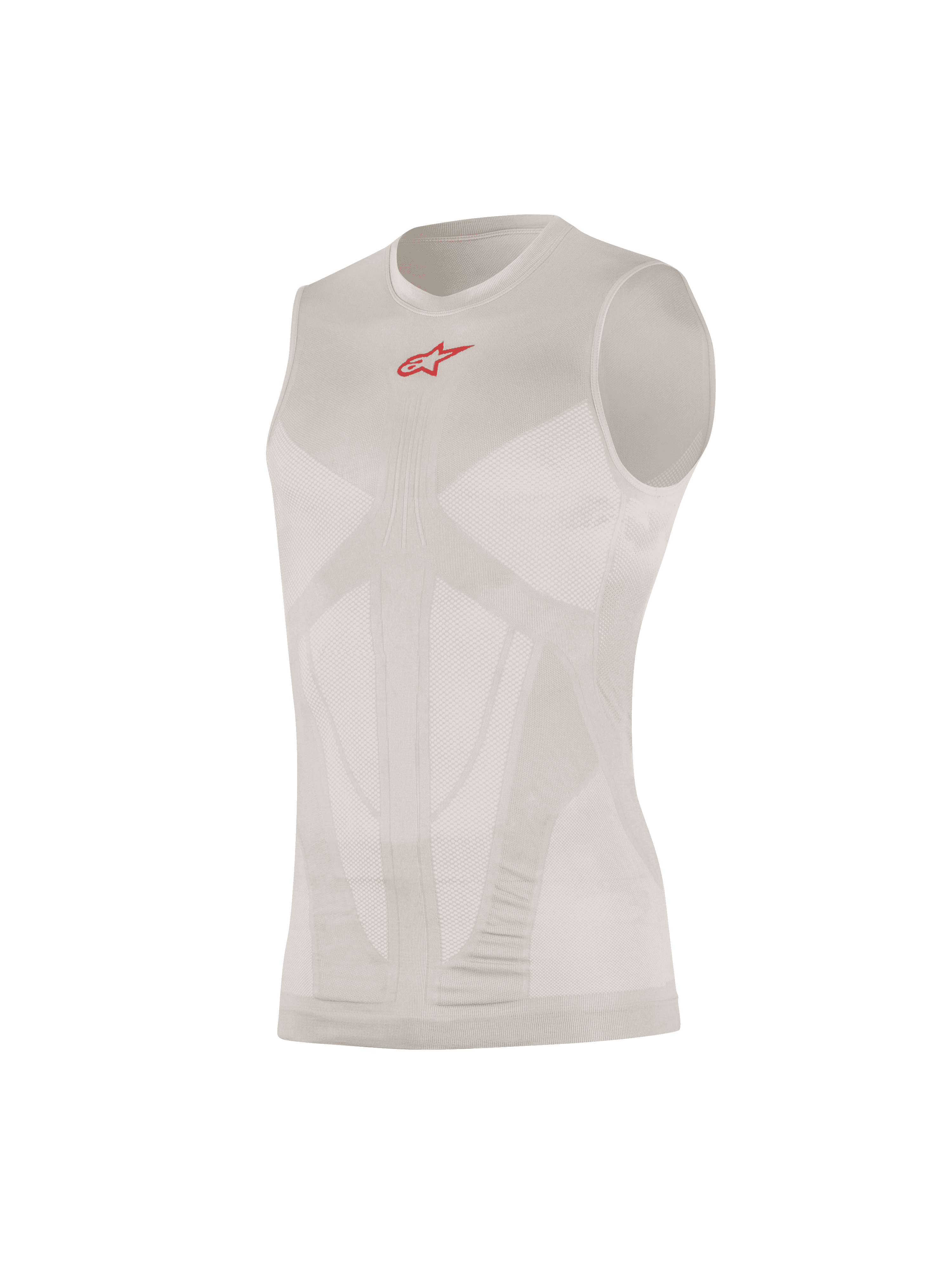 Alpinestars Tech Tank Summer, ärmellose Basisschicht, Silber-Rot, mit kleinem rotem Logo auf der Brust, körperzonenspezifische Mesh-Belüftungseinsätze, nahtlose Schlauchkonstruktion, ultraleichtes technisches Strickgewebe