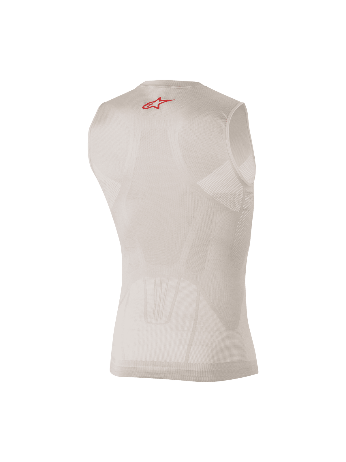 Alpinestars Tech Tank Summer, zilveren en rode mouwloze basislaag, achteraanzicht met strategisch geplaatste mesh-panelen en een klein rood logo op de bovenrug, ontworpen voor vochtregulatie en verkoeling onder motorcross- of MTB-kleding
