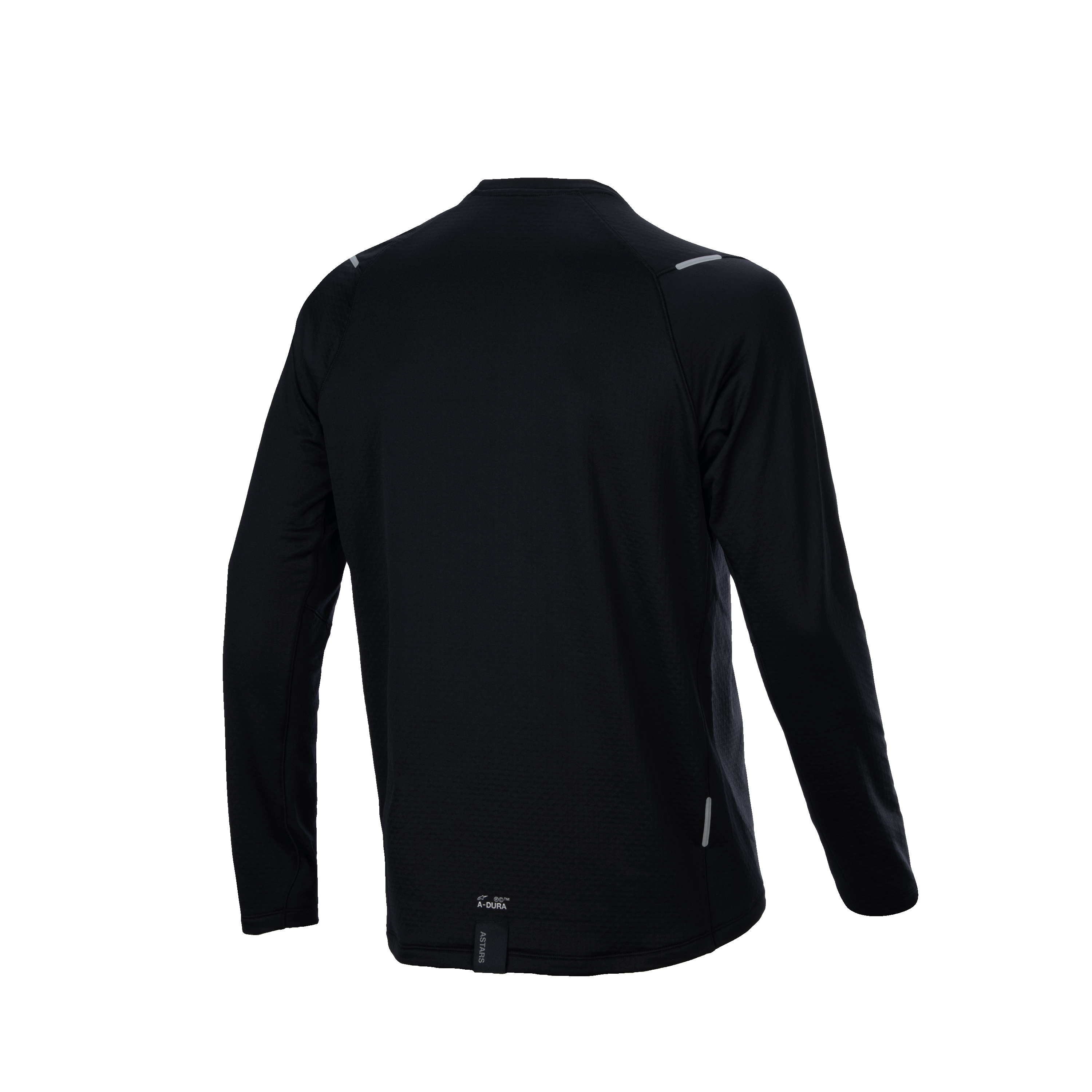 Maillot thermique Alpinestars A-Dura, vue arrière, noir, maillot de VTT à manches longues avec coupe arrière allongée et tissu isolant texturé, petit marquage A-Dura et détails réfléchissants