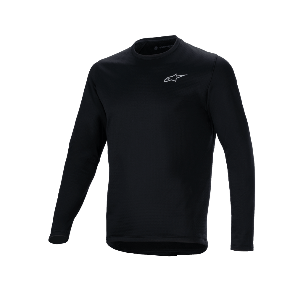 Maillot thermique Alpinestars A-Dura, maillot de cyclisme à manches longues noir, petit logo Alpinestars blanc sur la poitrine, coupe allongée à l'arrière pour une meilleure protection, doublure en polaire isolante pour le VTT par temps froid