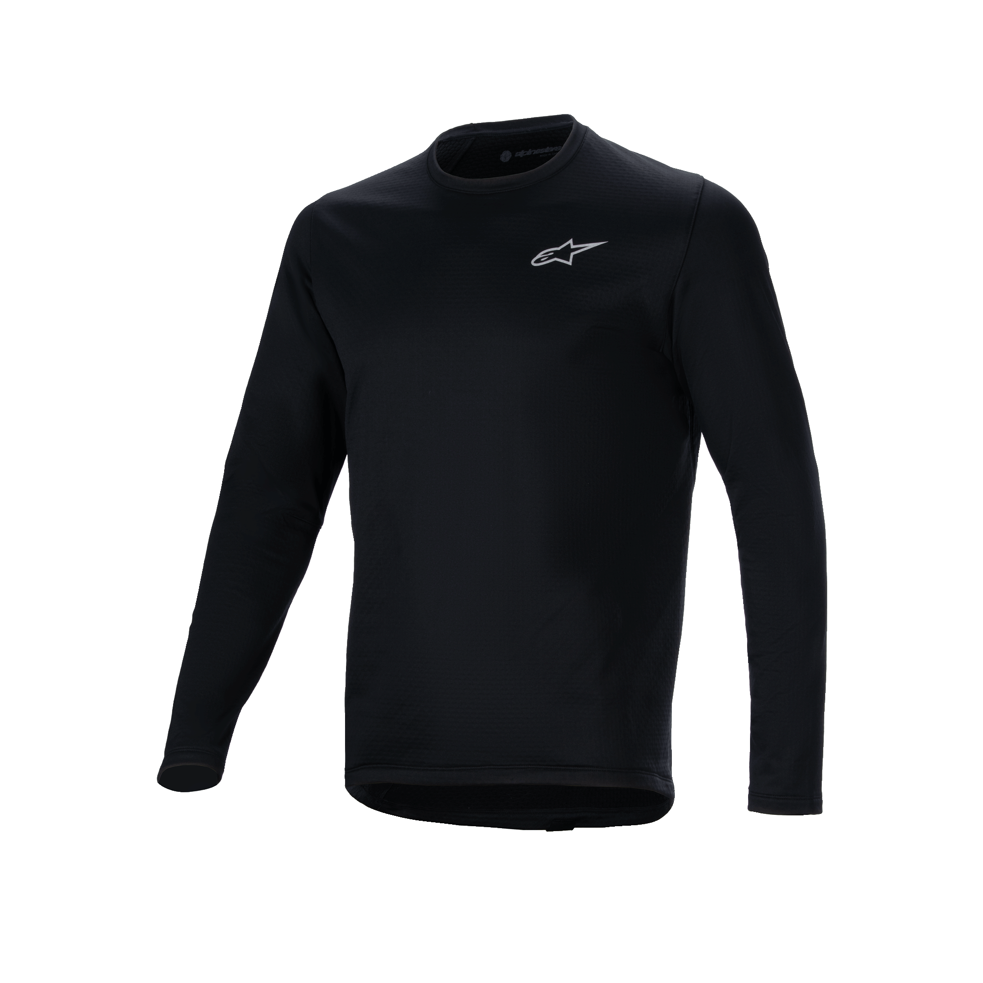 Maillot thermique Alpinestars A-Dura, maillot de cyclisme à manches longues noir, petit logo Alpinestars blanc sur la poitrine, coupe allongée à l'arrière pour une meilleure protection, doublure en polaire isolante pour le VTT par temps froid