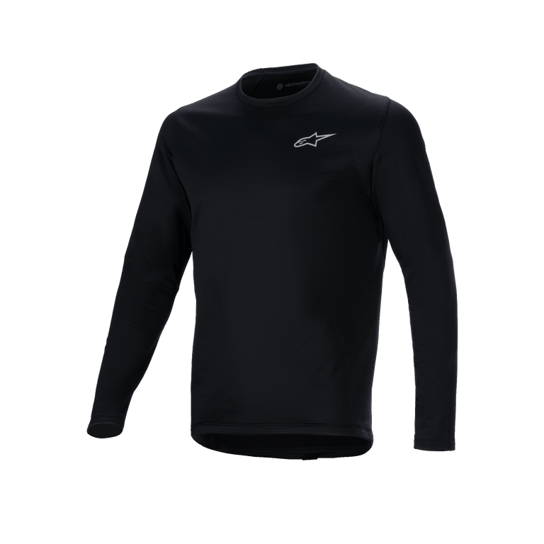 Alpinestars A-Dura Thermal Jersey, Black long-sleeve cycling jersey, small white Alpinestars logo on the chest, extended drop tail for rear coverage, insulated fleece lining for cold-weather mountain biking
