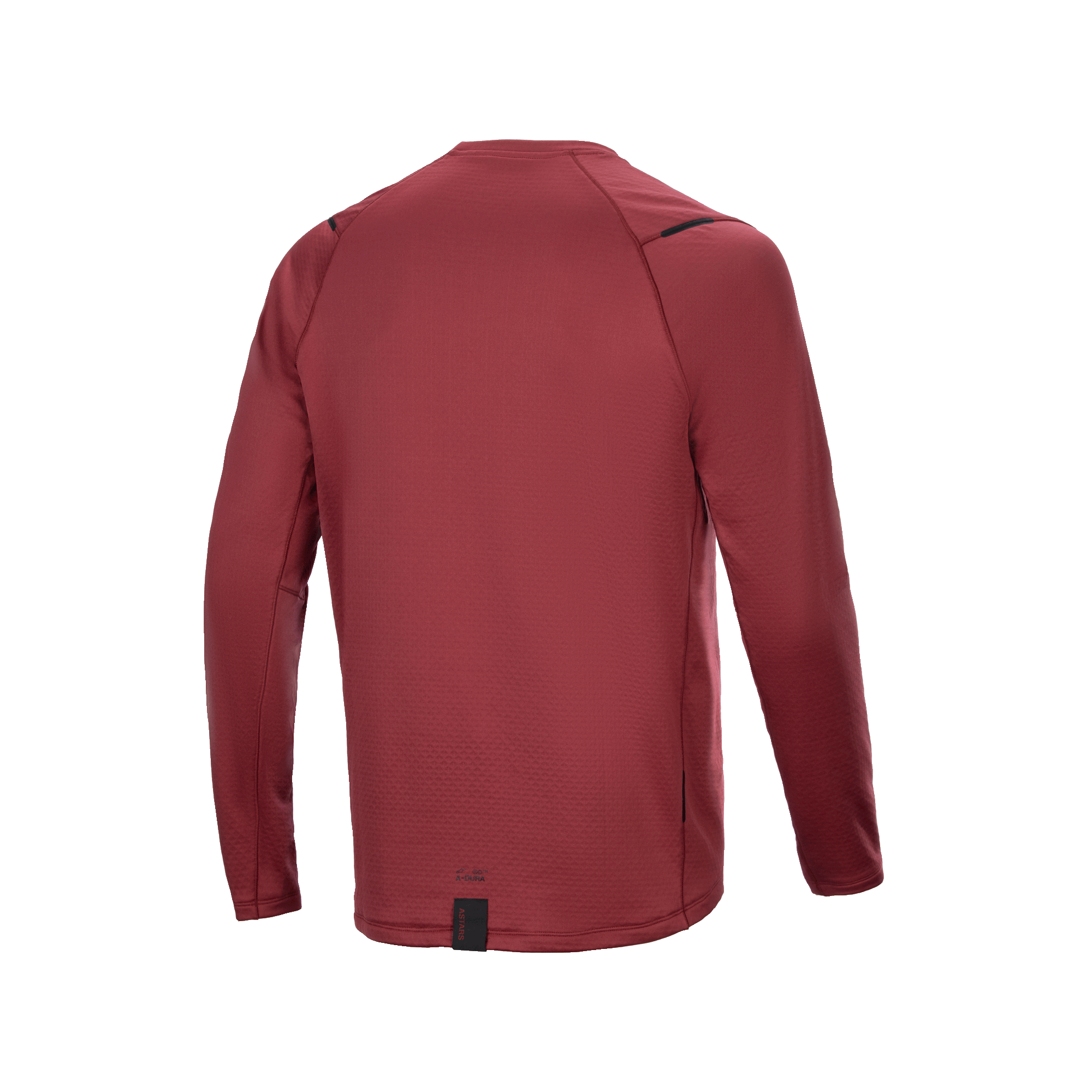 Maillot thermique Alpinestars A-Dura, maillot de cyclisme à manches longues, bordeaux, vue arrière montrant le dos allongé pour une protection accrue, tissu thermique isolant texturé, marquage minimaliste à l'ourlet
