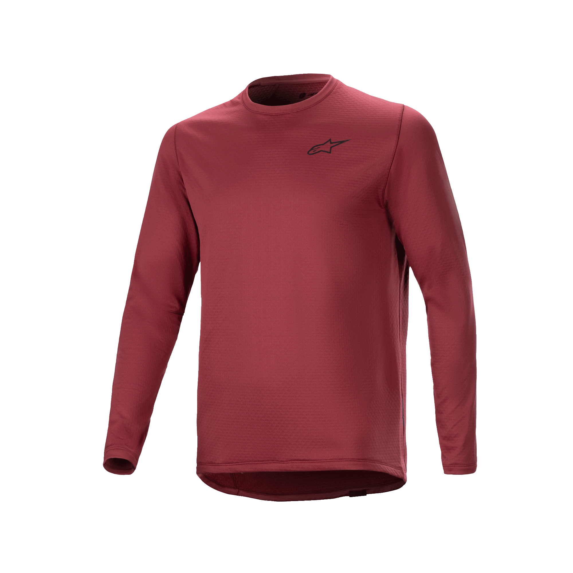 Maillot thermique Alpinestars A-Dura, maillot de cyclisme à manches longues, bordeaux, tissu isolant texturé avec petit logo étoile noir sur la poitrine, pan arrière allongé pour la pratique du VTT