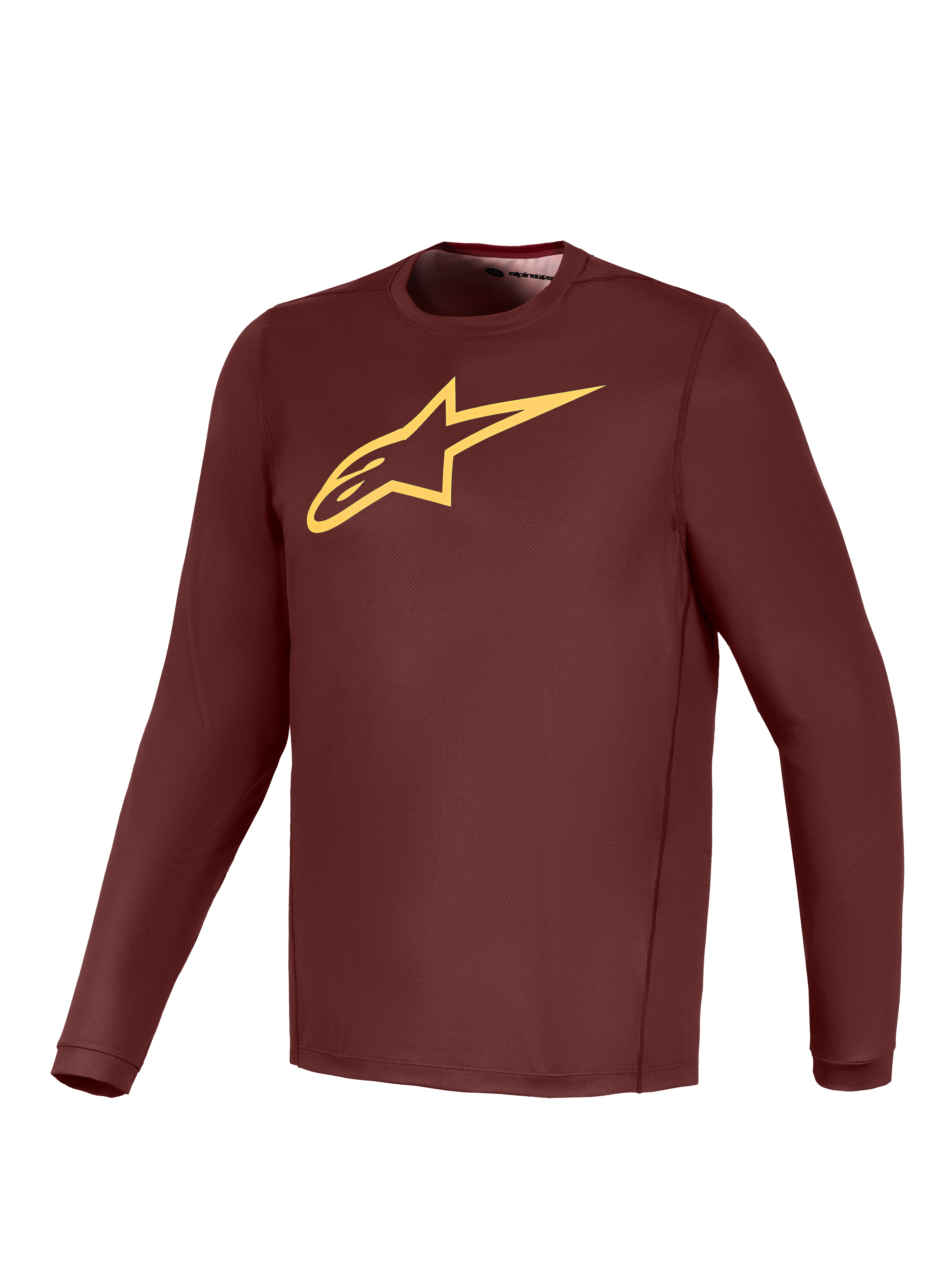 A-Dura Ride Long Sleeve Jersey in Bordeaux with a yellow Alpinestars logo, lightweight performance MTB gear.