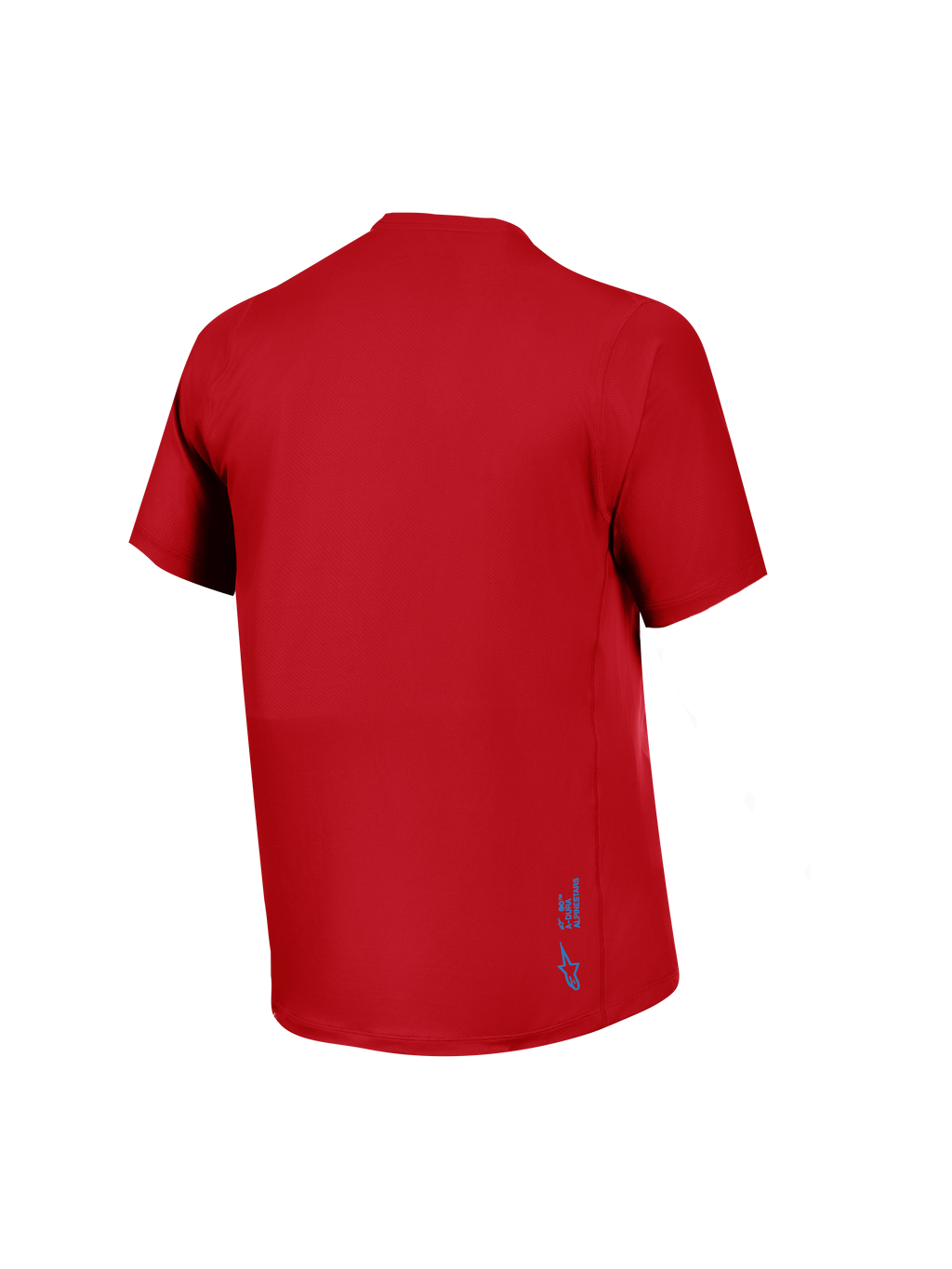 Maillot A-Dura Ride rouge à manches courtes, vue arrière en tissu jacquard avec petit logo Alpinestars bleu.
