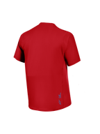 Maillot A-Dura Ride rouge à manches courtes, vue arrière en tissu jacquard avec petit logo Alpinestars bleu.
