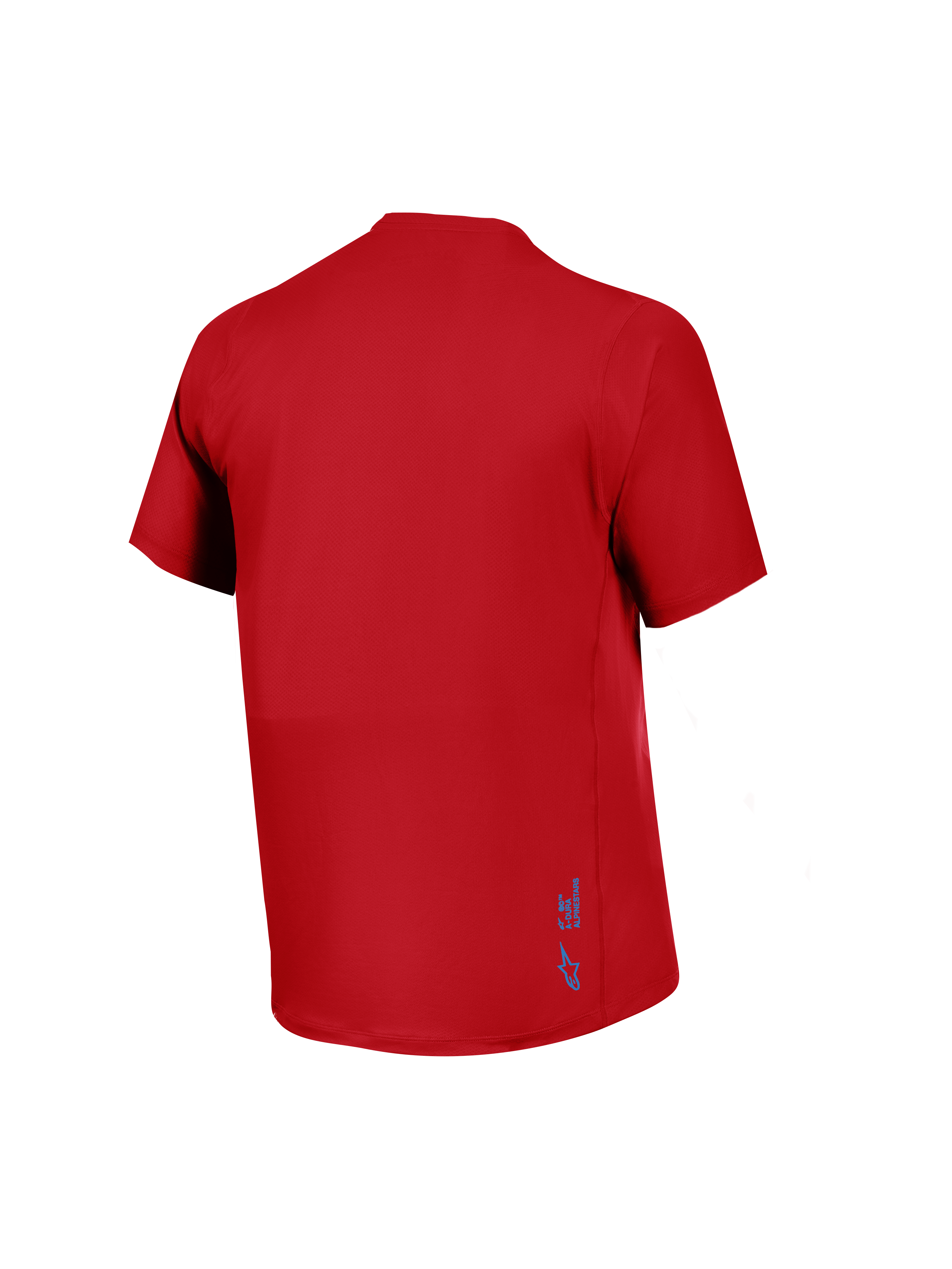 Maillot A-Dura Ride rouge à manches courtes, vue arrière en tissu jacquard avec petit logo Alpinestars bleu.