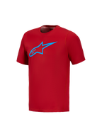 Maillot A-Dura Ride rouge à manches courtes, avec logo Astars bleu vif sur la poitrine pour la performance en VTT.