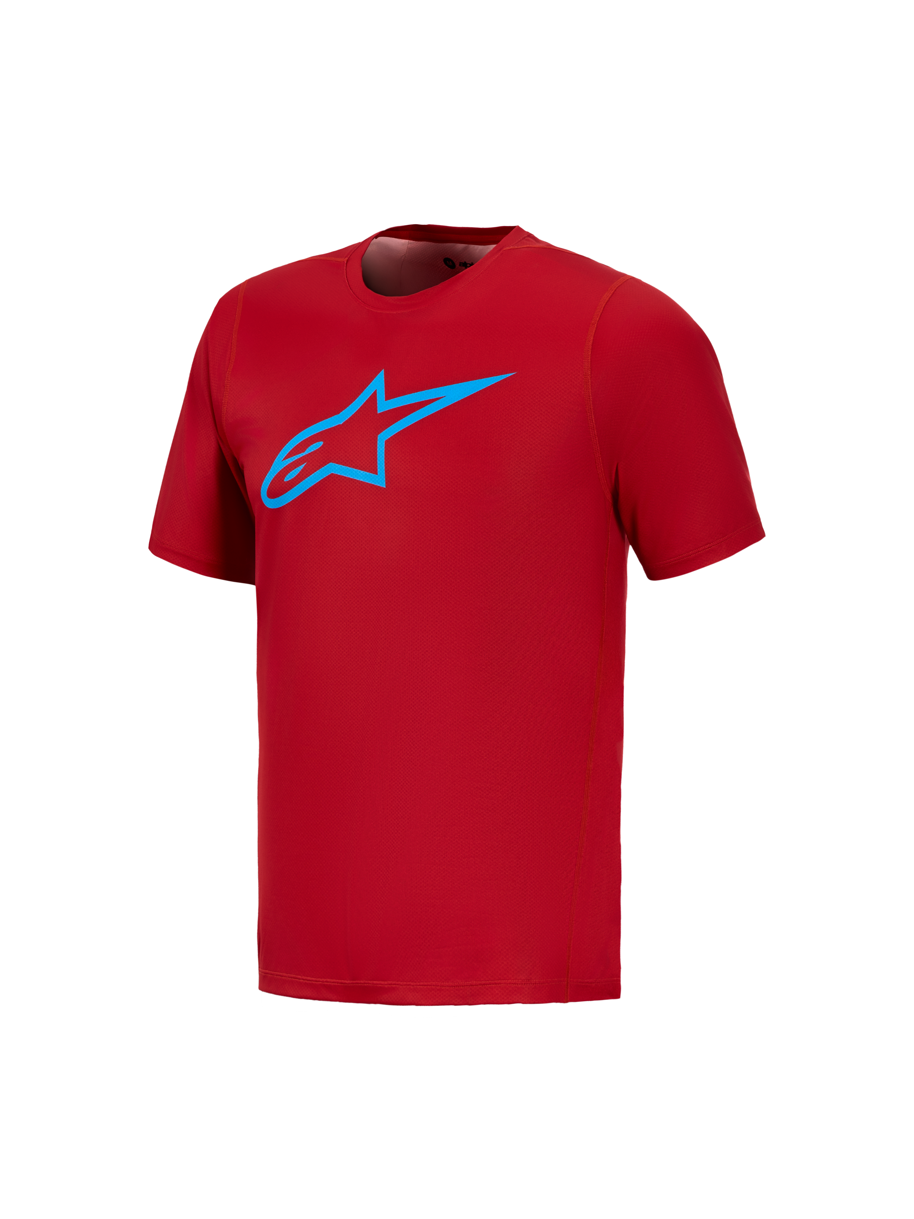 Maillot A-Dura Ride rouge à manches courtes, avec logo Astars bleu vif sur la poitrine pour la performance en VTT.