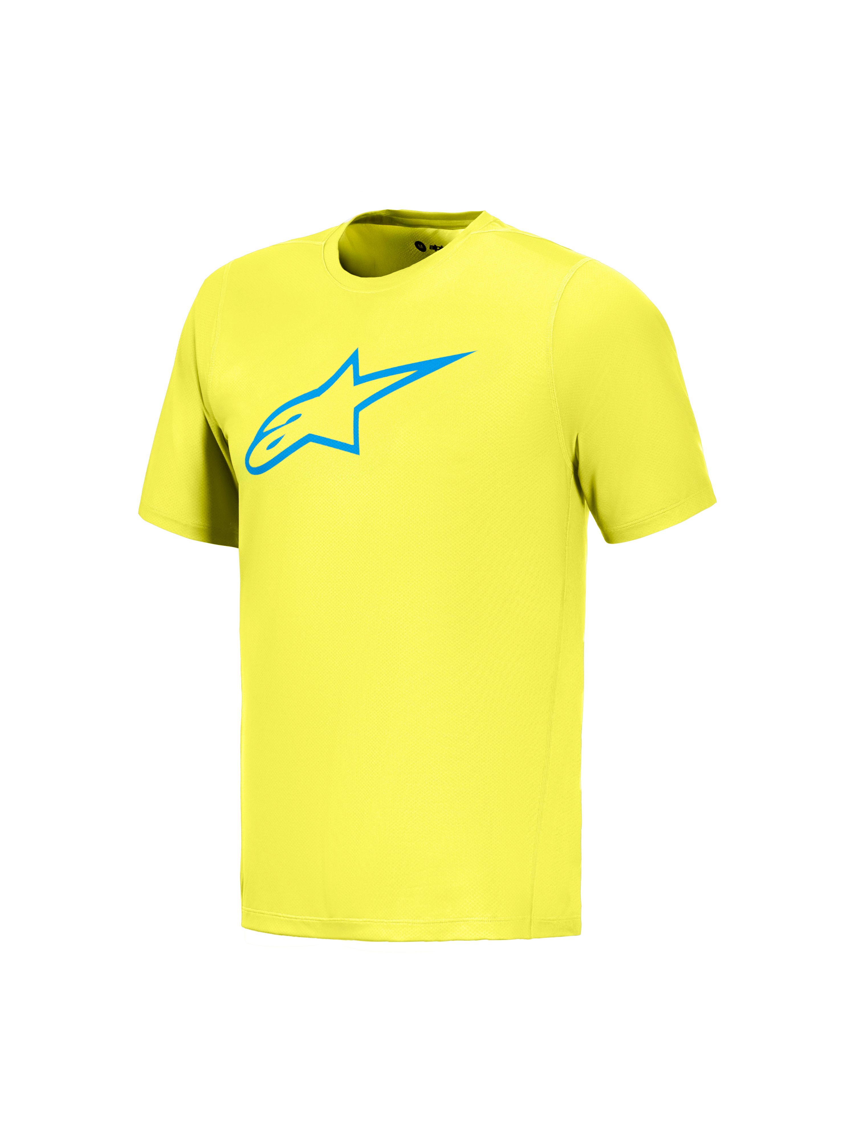 Maillot A-Dura Ride jaune fluo à manches courtes avec logo Astars bleu, vêtement de performance technique pour le VTT.