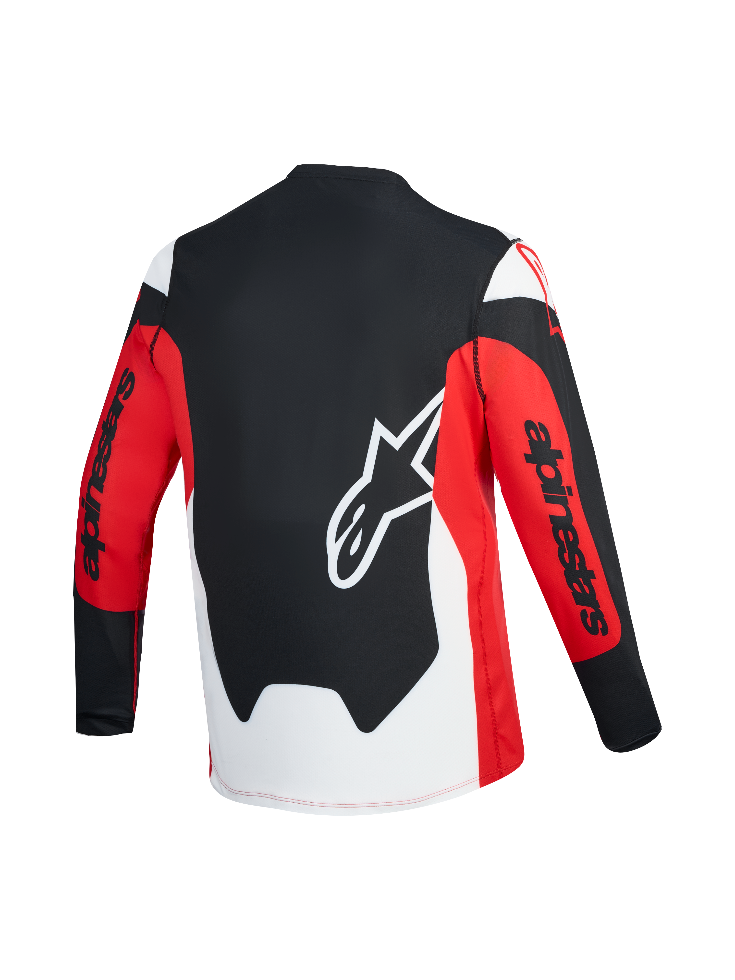 A-Dura Race trui met lange mouwen, rood-zwart achteraanzicht, wit Astars-logo en Alpinestars-branding op de mouwen.