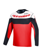 Rode A-Dura Race trui met lange mouwen, Alpinestars-branding en zwart-witte kleurvlakken voor MTB-prestaties.