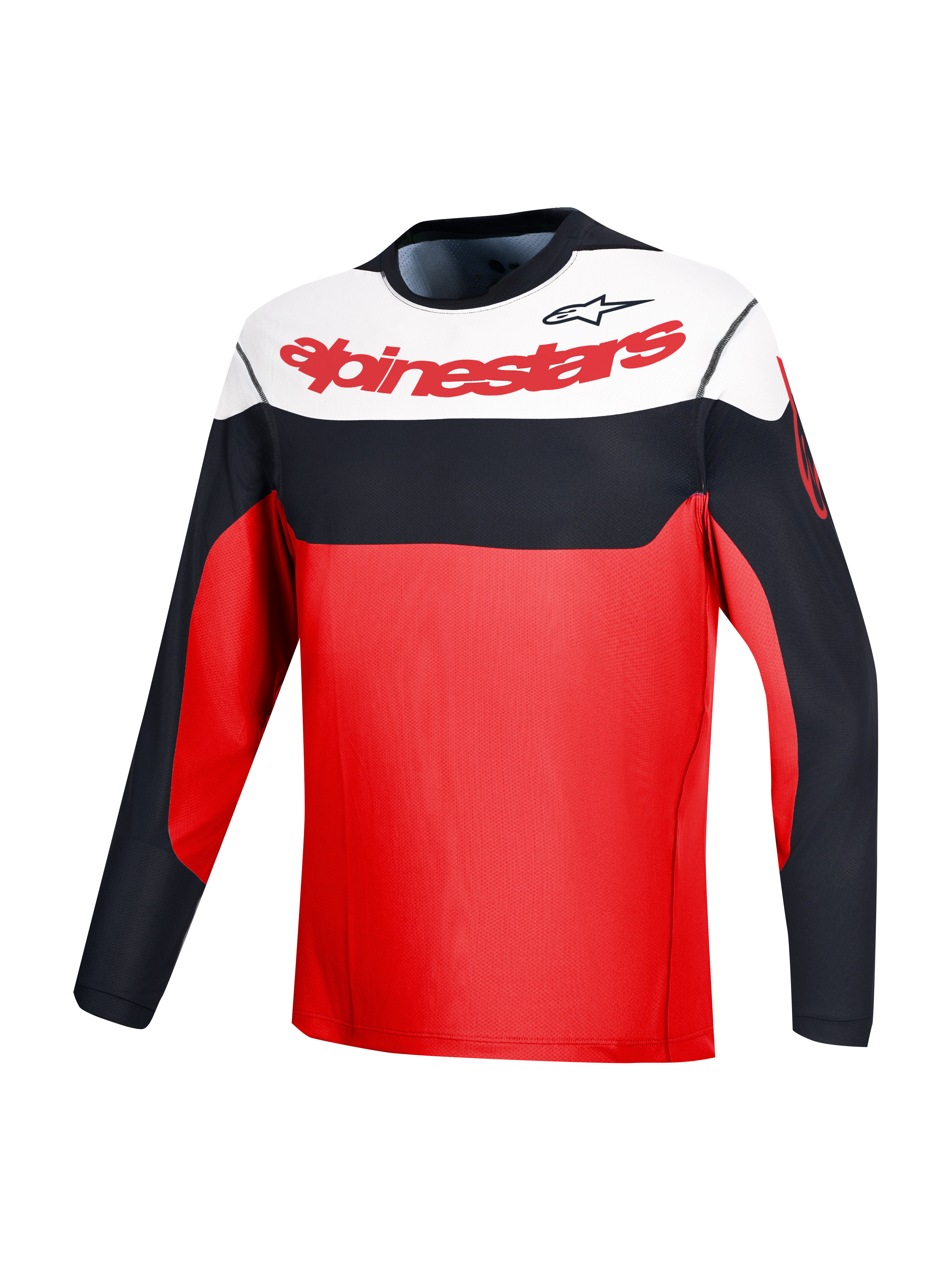 Rode A-Dura Race trui met lange mouwen, Alpinestars-branding en zwart-witte kleurvlakken voor MTB-prestaties.