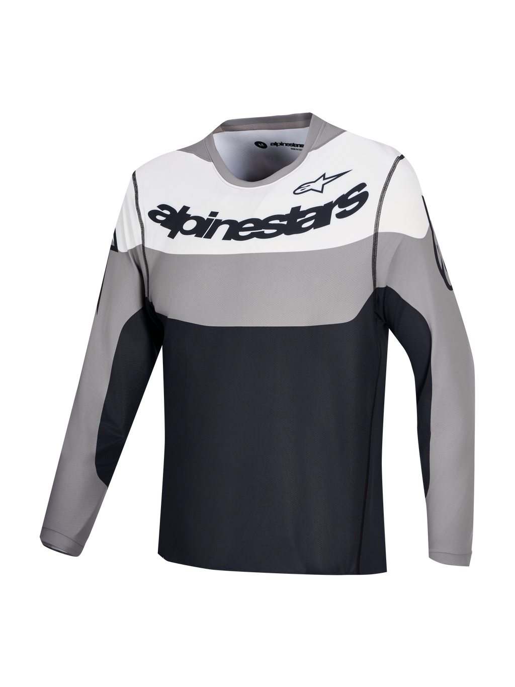 Alpinestars A-Dura Race jersey, lang mouwen MTB-fietsshirt, grijs en wit met zwart borstlogo, lichtgewicht gerecyclede stretchstof