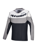 Alpinestars A-Dura Race jersey, lang mouwen MTB-fietsshirt, grijs en wit met zwart borstlogo, lichtgewicht gerecyclede stretchstof