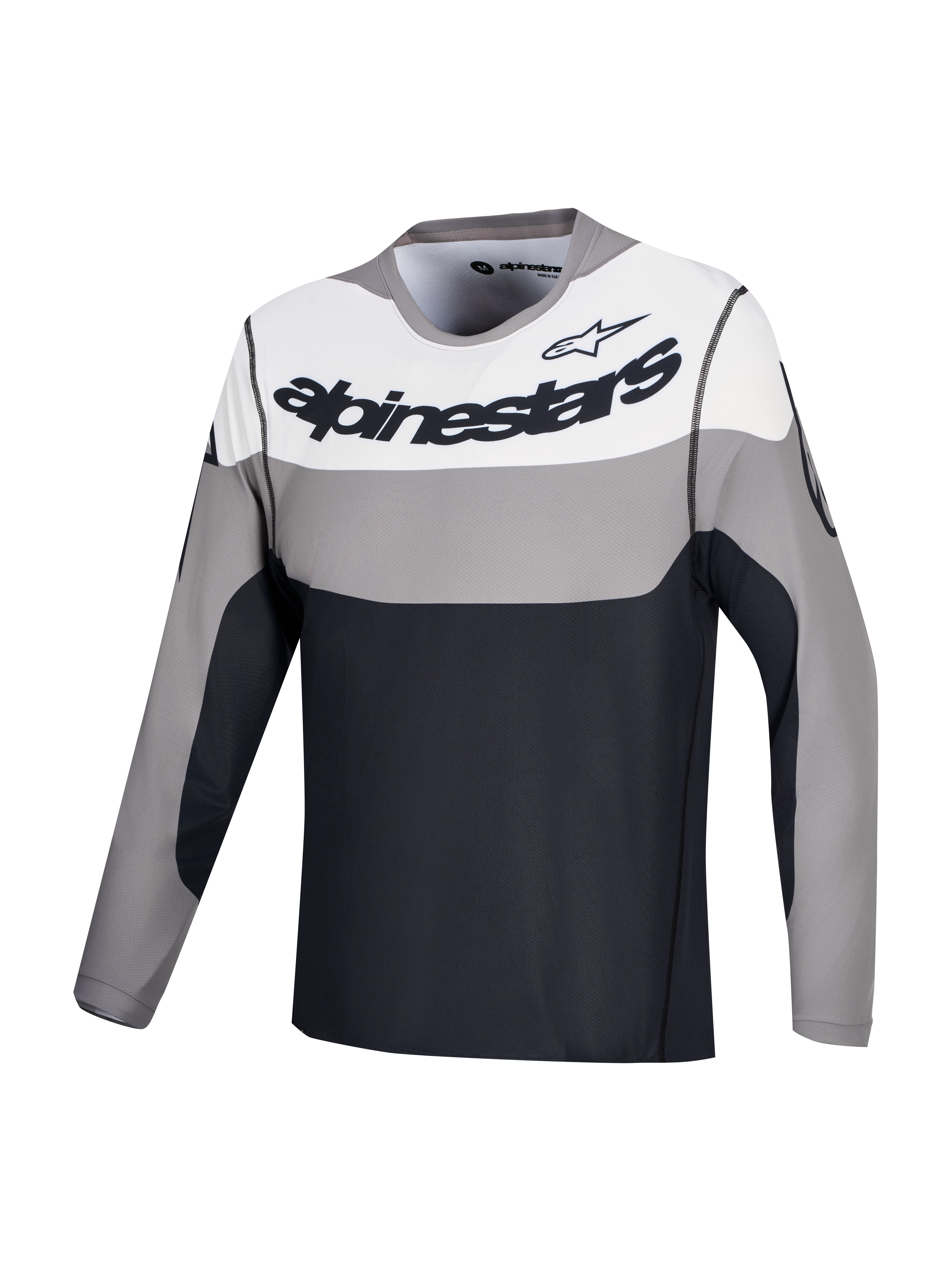 Alpinestars A-Dura Race jersey, lang mouwen MTB-fietsshirt, grijs en wit met zwart borstlogo, lichtgewicht gerecyclede stretchstof