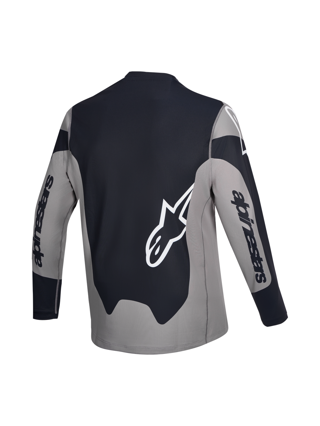 Alpinestars A-Dura Race Jersey, mountainbike jersey met lange mouwen, achteraanzicht, grijs en zwart met witte logografische accenten, lichtgewicht gerecyclede stretchstof met een langere achterzijde