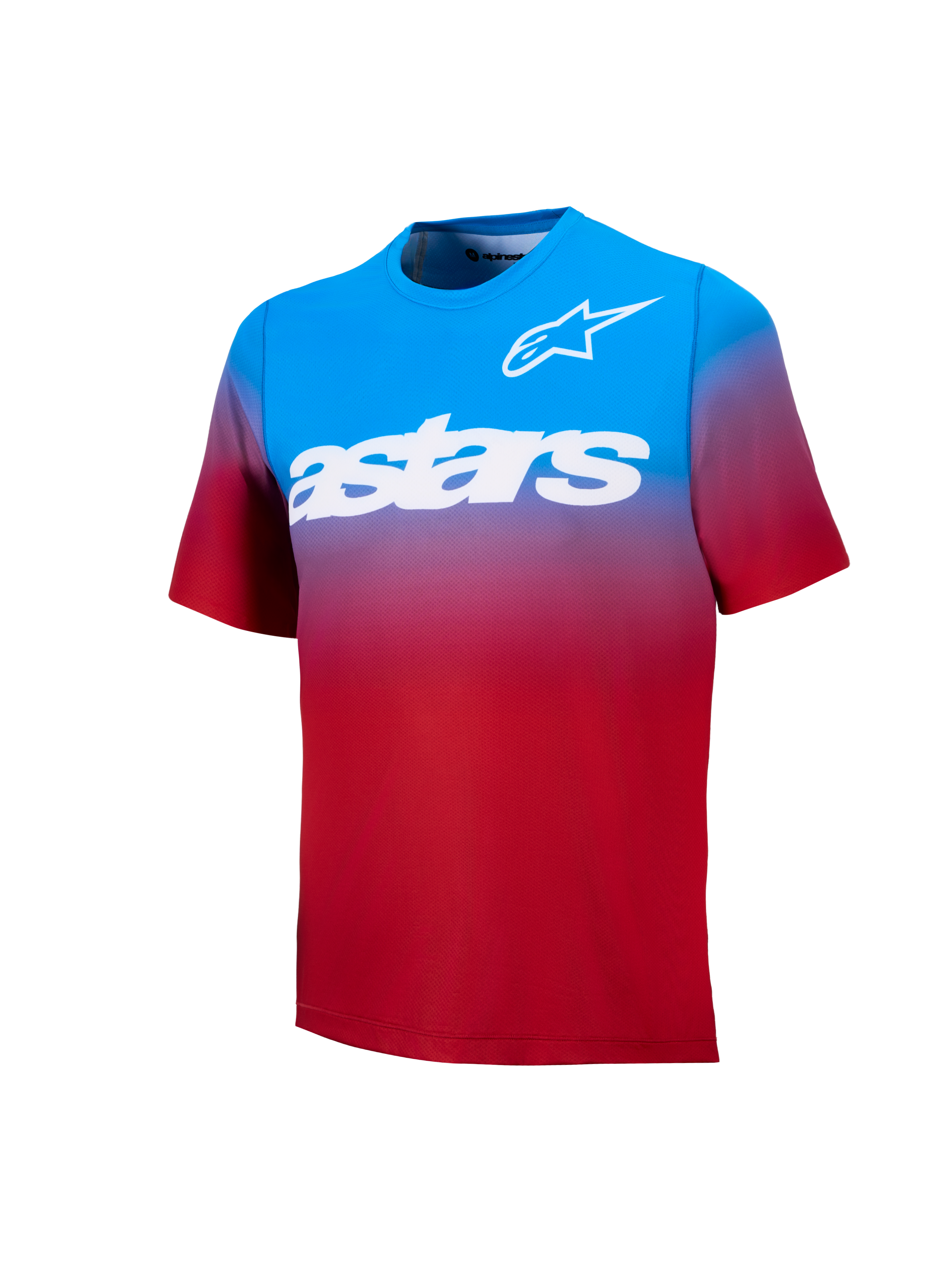 A-Dura ASTARS Jersey 2.0, short sleeve MTB jersey in Bright Red Blue gradient featuring bold white chest graphics.