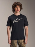 Alpinestars A-Dura Astar Trikot, Kurzarm-MTB-Trikot, Schwarz mit weißem Stern-Logo, getragen mit Camouflage-Hose, lässige Mountainbike-Bekleidung, technisches, feuchtigkeitsableitendes Material