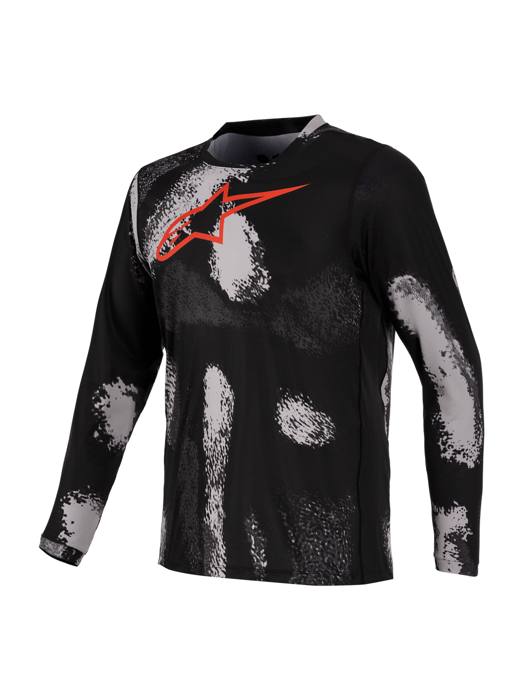 Alpinestars A-Dura Ride, maillot VTT à manches longues, noir et rouge avec motif camouflage et logo Astars sur la poitrine, en tissu technique à séchage rapide