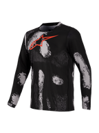 Alpinestars A-Dura Ride, maillot VTT à manches longues, noir et rouge avec motif camouflage et logo Astars sur la poitrine, en tissu technique à séchage rapide