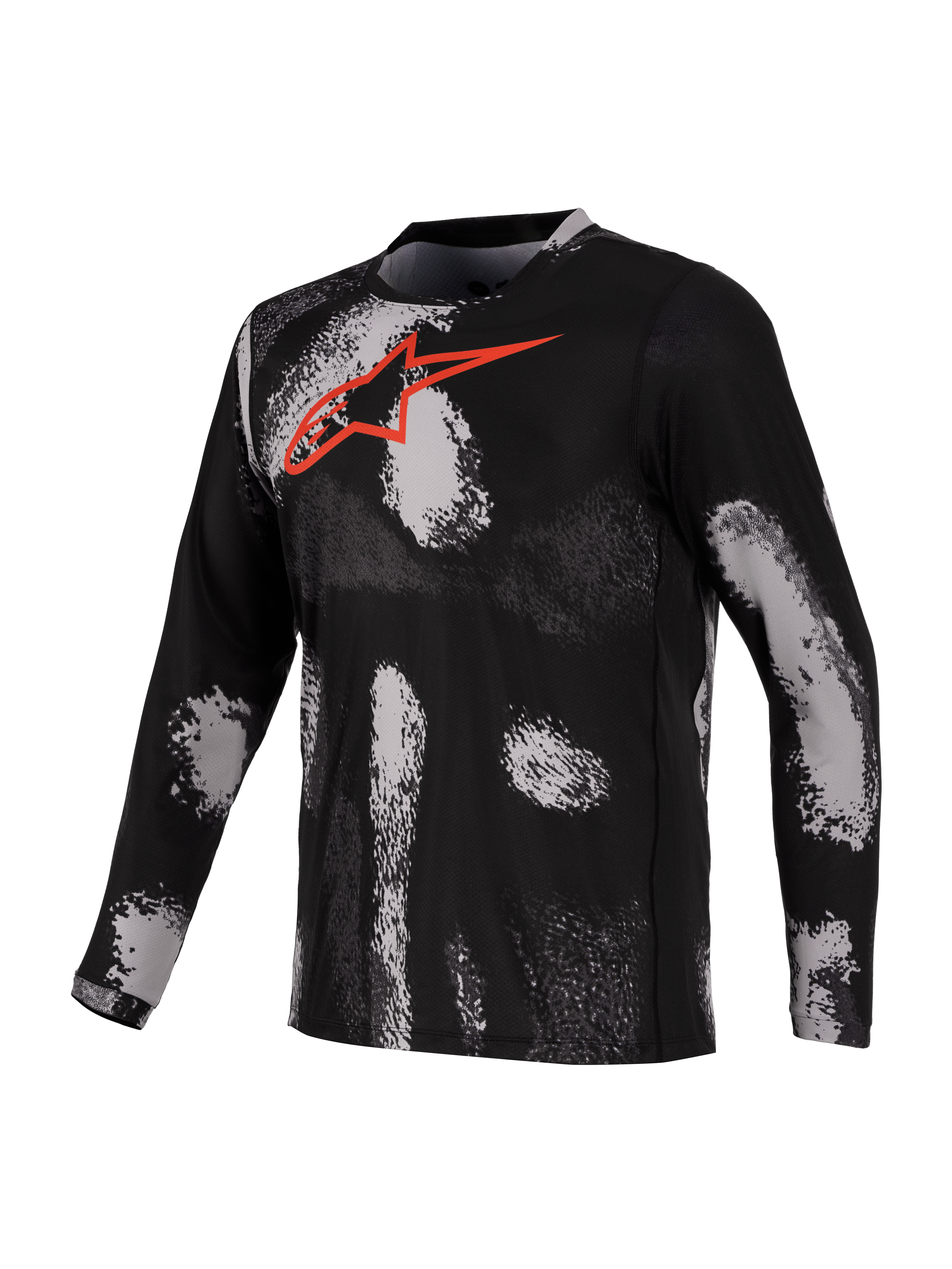 Alpinestars A-Dura Ride, maillot VTT à manches longues, noir et rouge avec motif camouflage et logo Astars sur la poitrine, en tissu technique à séchage rapide