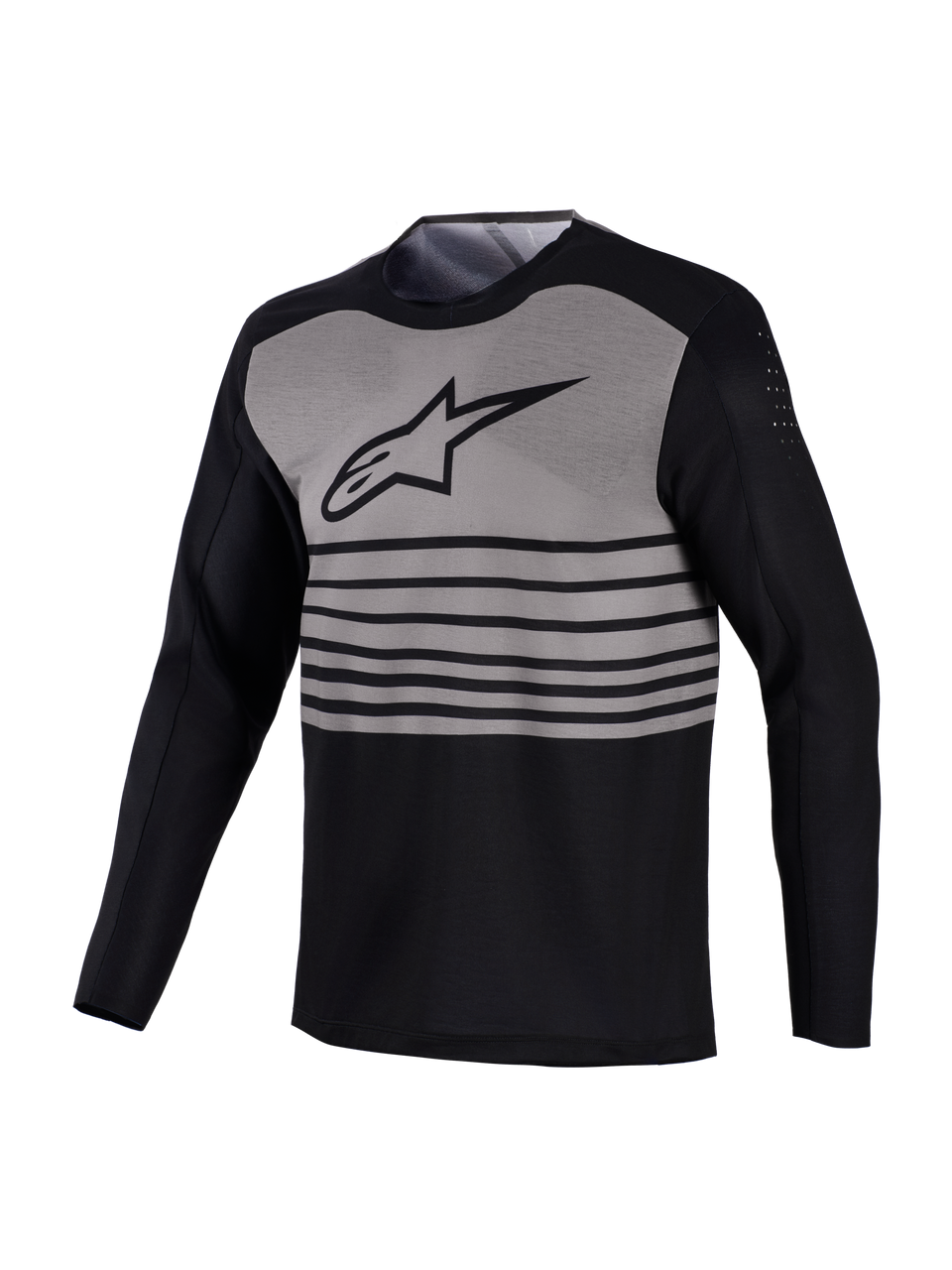 A-Dura Elite Long Sleeve MTB Jersey, black and grey design with horizontal stripes and breathable bicep perforations.
