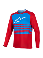 Rode en blauwe A-Dura Elite 2.0 MTB-jersey met lange mouwen, wit Alpinestars-logo op de borst en bicepsventilatie.