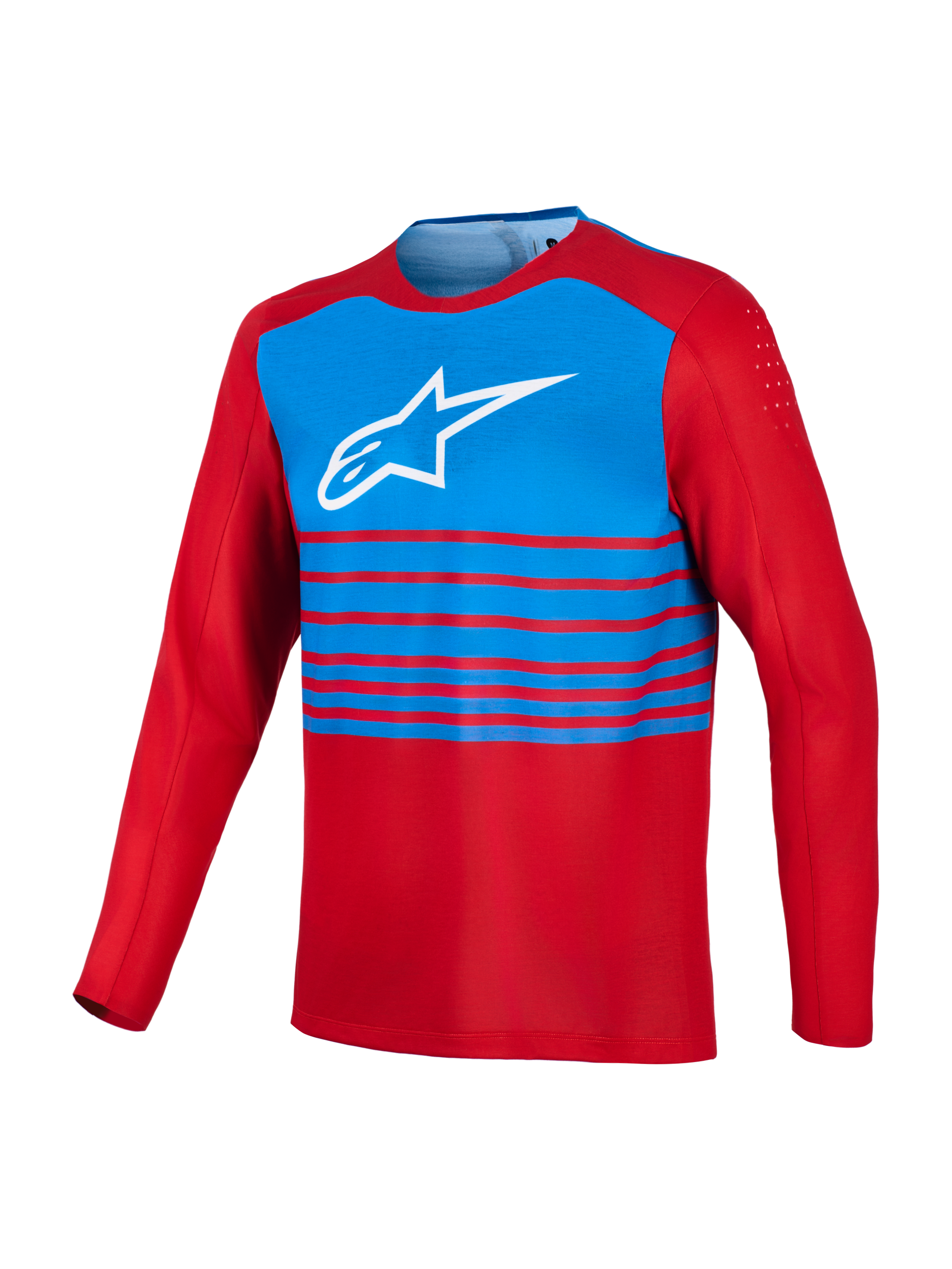 Rode en blauwe A-Dura Elite 2.0 MTB-jersey met lange mouwen, wit Alpinestars-logo op de borst en bicepsventilatie.