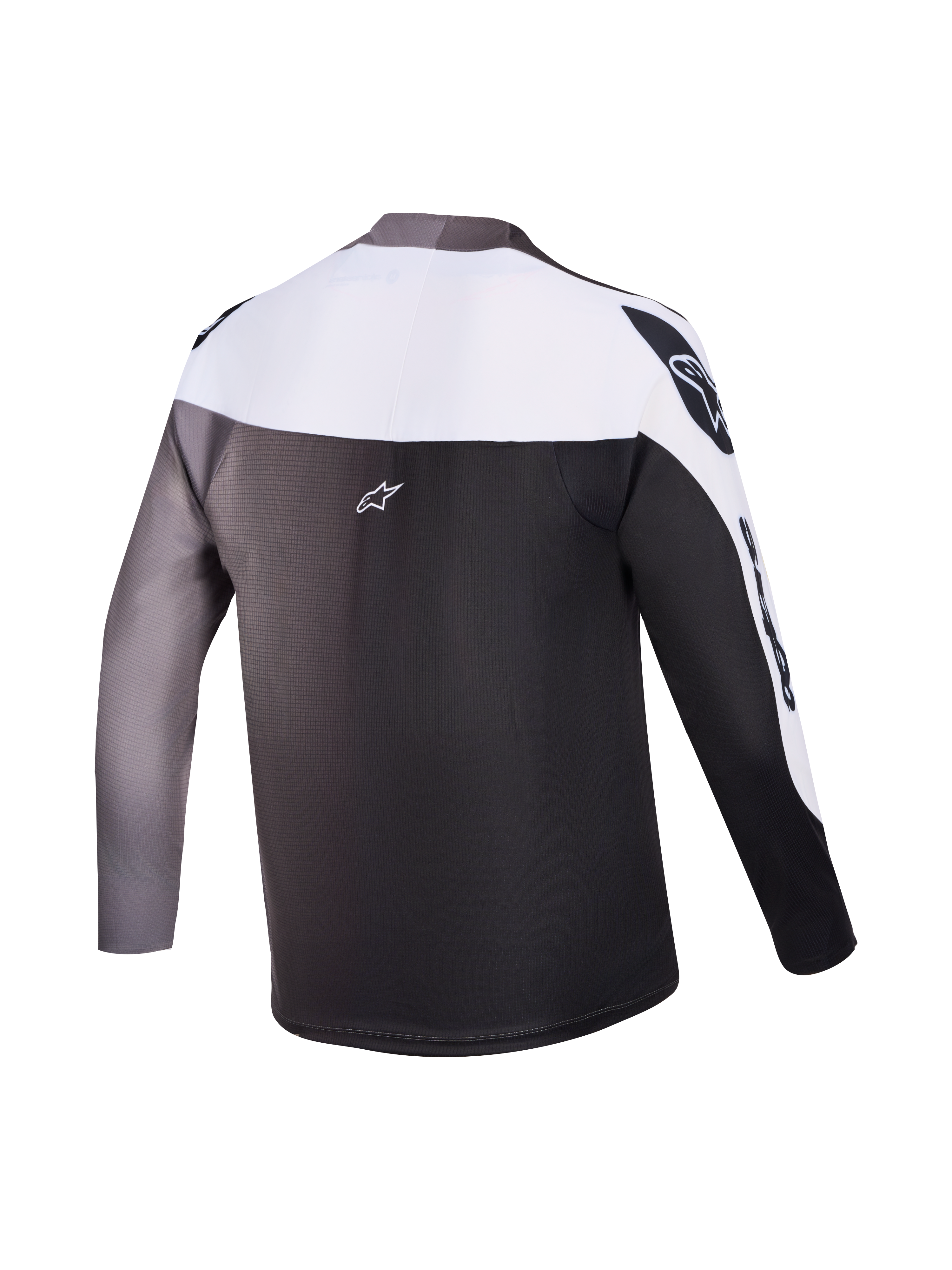 Maillot A-Supra Elite vue de dos, dégradé gris Faded Gray, haut de VTT manches longues et logo Alpinestars.
