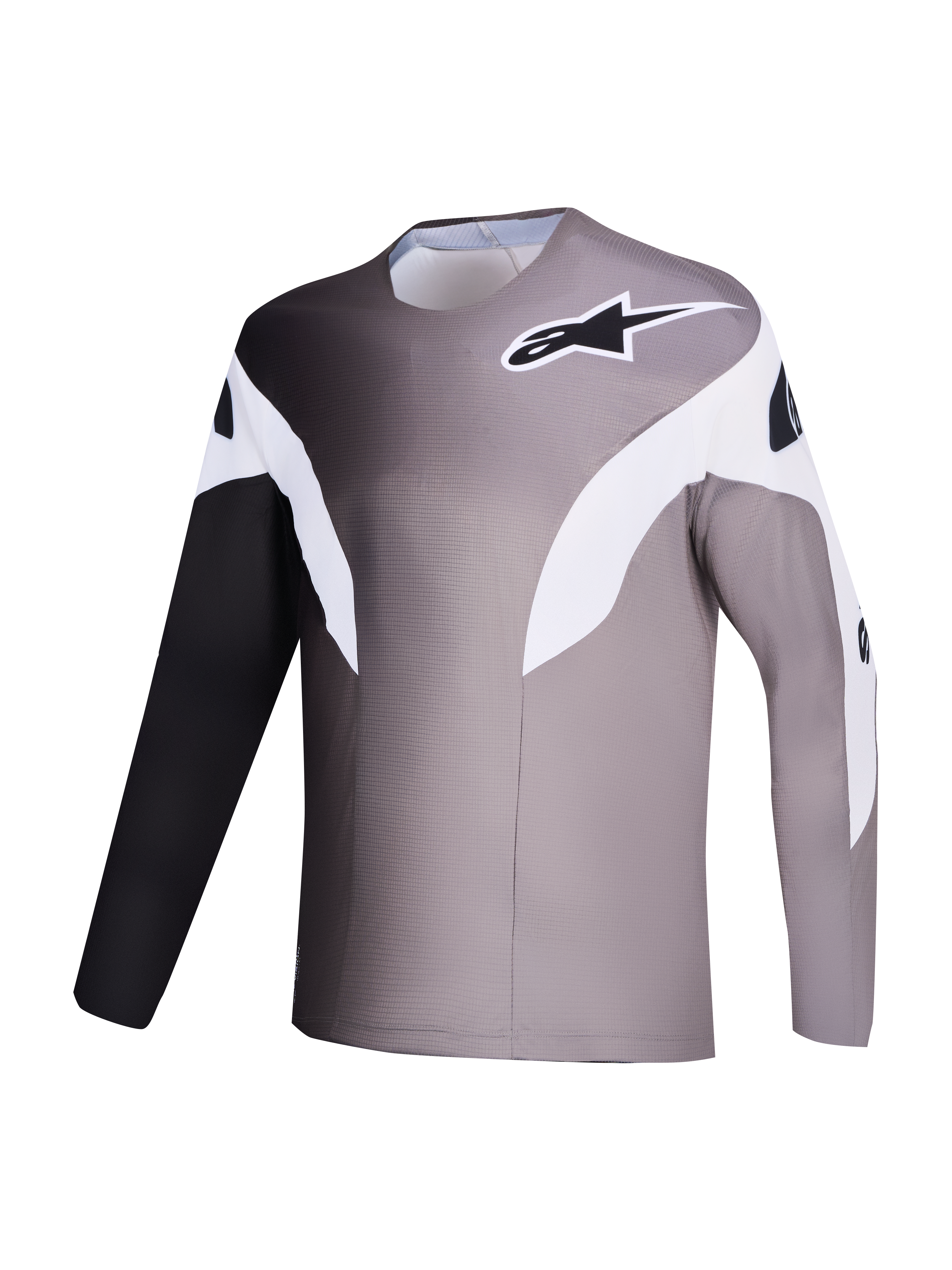 Maillot Alpinestars A-Supra Elite gris dégradé, haut de VTT en tissu recyclé micro-perforé au design graphique.
