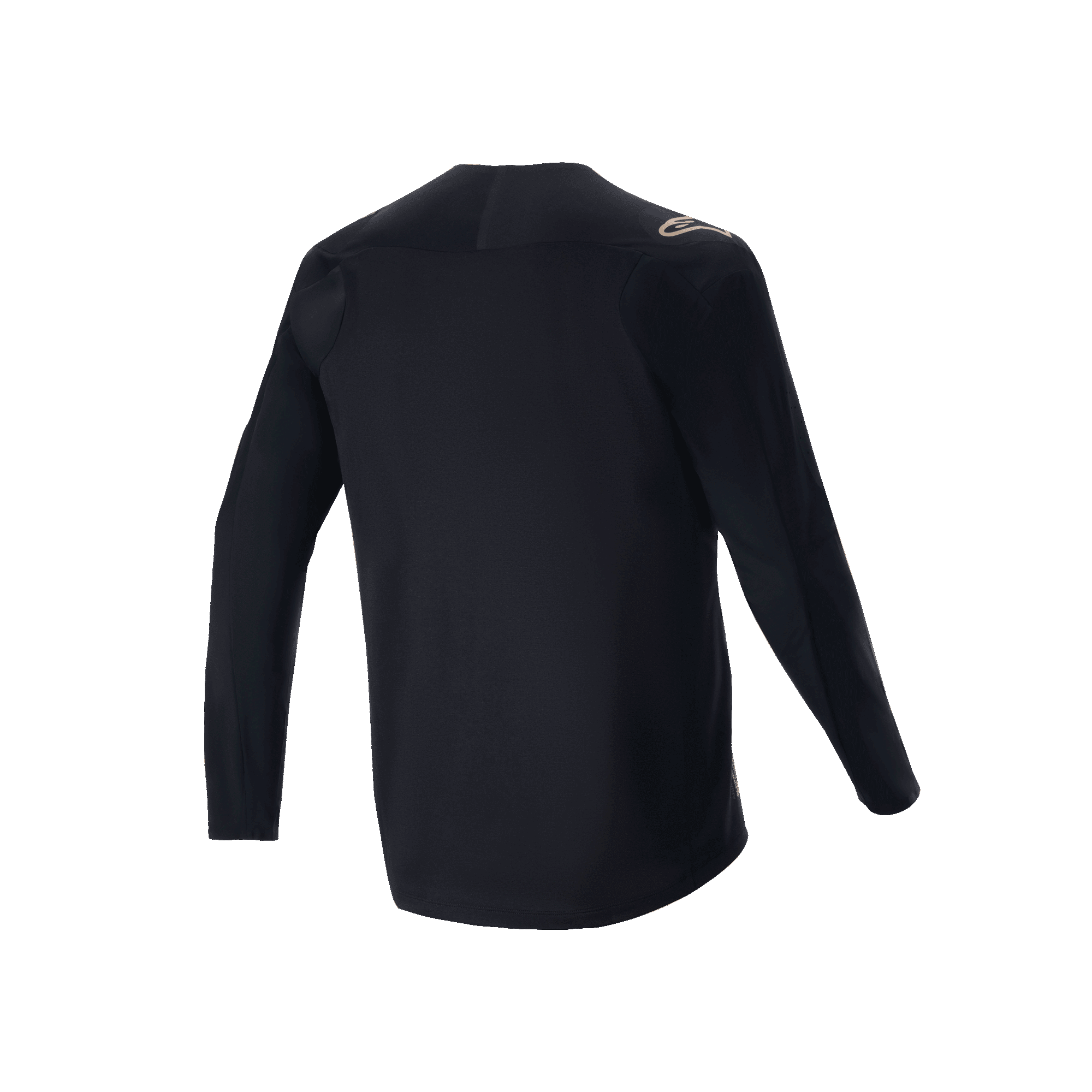 Alpinestars A-Aria Polartec Switch Long Sleeve Jersey, Black, rear view of mountain bike jersey, featuring a small tan logo on the shoulder and drop tail hem, technical moisture-wicking fabric for off-road cycling