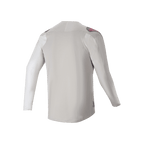 Maillot à manches longues Alpinestars A-Aria Polartec Switch, vue arrière, gris clair avec empiècements gris foncé aux épaules et accents de logo roses, tissu extensible haute performance avec coupe à dos allongé, vêtement de VTT