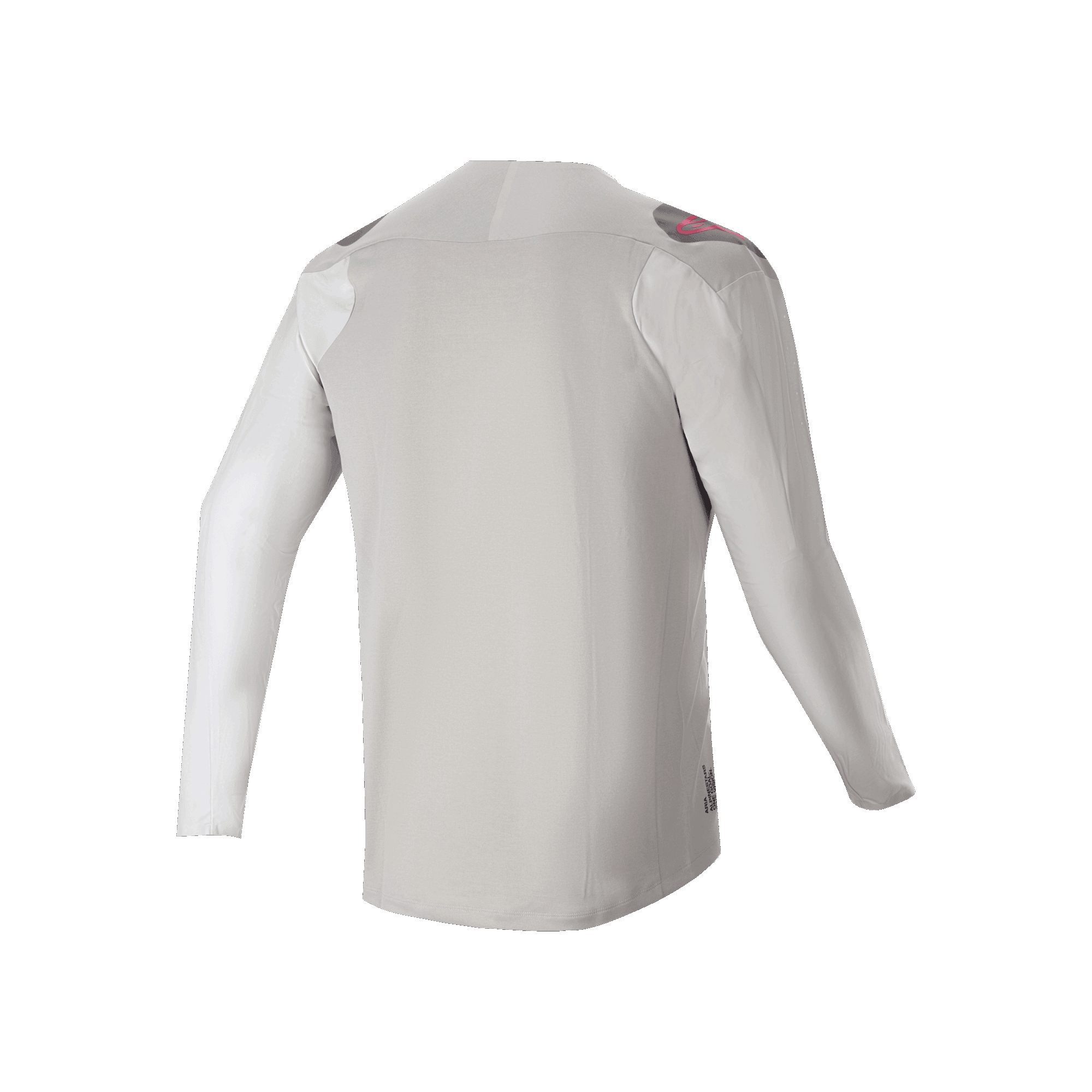 Maillot à manches longues Alpinestars A-Aria Polartec Switch, vue arrière, gris clair avec empiècements gris foncé aux épaules et accents de logo roses, tissu extensible haute performance avec coupe à dos allongé, vêtement de VTT