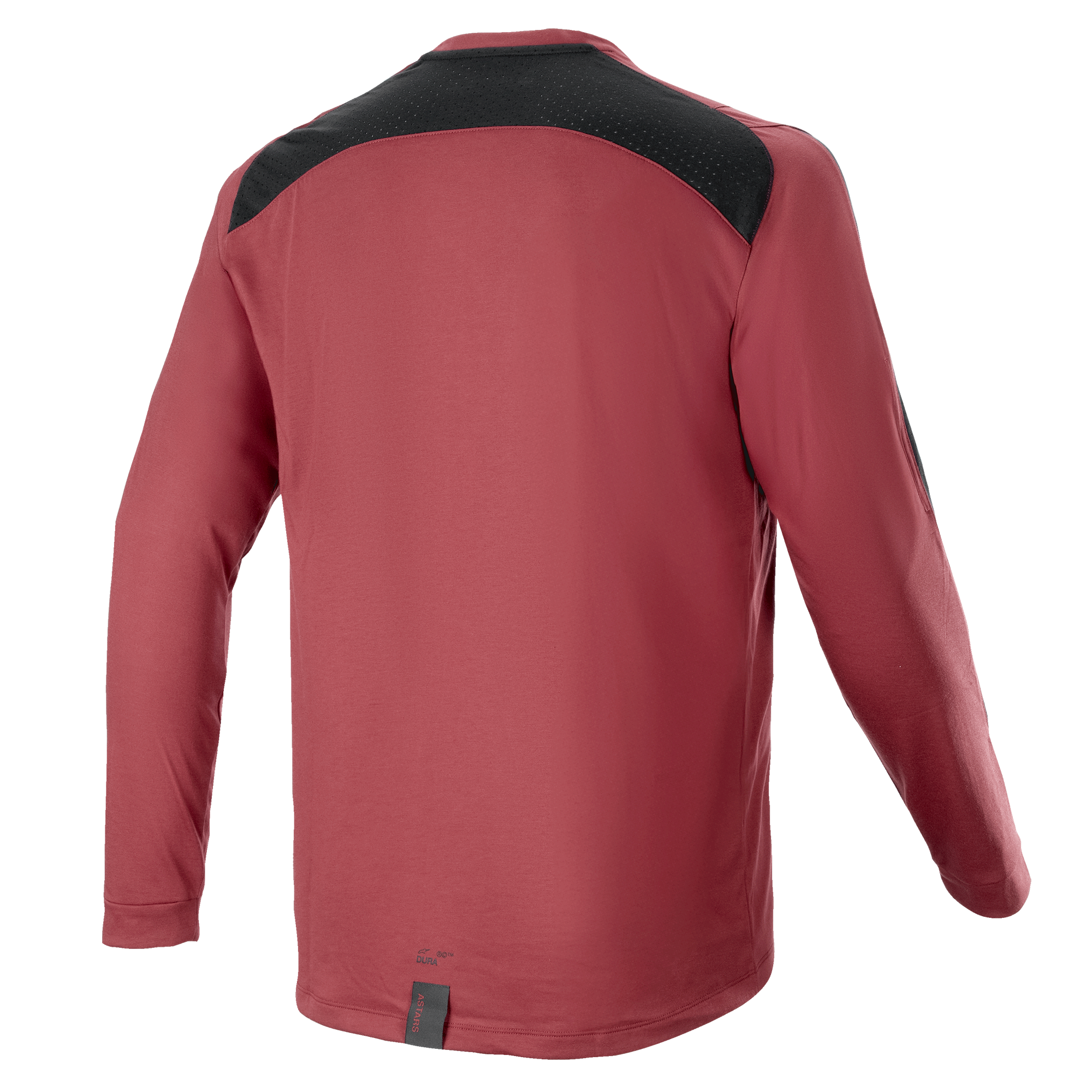 Alpinestars A-Dura Dri Astar Long Sleeve Jersey, Burgundy, mountainbike fietsshirt, achteraanzicht met zwart mesh ventilatiepaneel op de schouders, lange mouwen, technische prestatiestof voor off-road fietsen