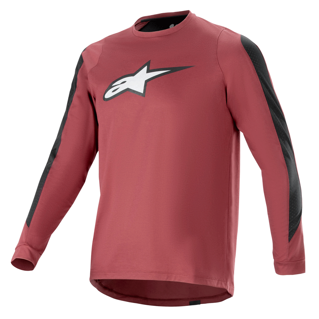 Alpinestars A-Dura Dri Astar Jersey met lange mouwen, bordeauxrood en zwart, vochtafvoerende drirelease-stof, ronde hals, wit Astar-logo op de borst, zwarte mesh-panelen op de mouwen, hoogwaardige mountainbikekleding