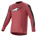 Alpinestars A-Dura Dri Astar Jersey met lange mouwen, bordeauxrood en zwart, vochtafvoerende drirelease-stof, ronde hals, wit Astar-logo op de borst, zwarte mesh-panelen op de mouwen, hoogwaardige mountainbikekleding