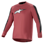 Alpinestars A-Dura Dri Astar Jersey met lange mouwen, bordeauxrood en zwart, vochtafvoerende drirelease-stof, ronde hals, wit Astar-logo op de borst, zwarte mesh-panelen op de mouwen, hoogwaardige mountainbikekleding