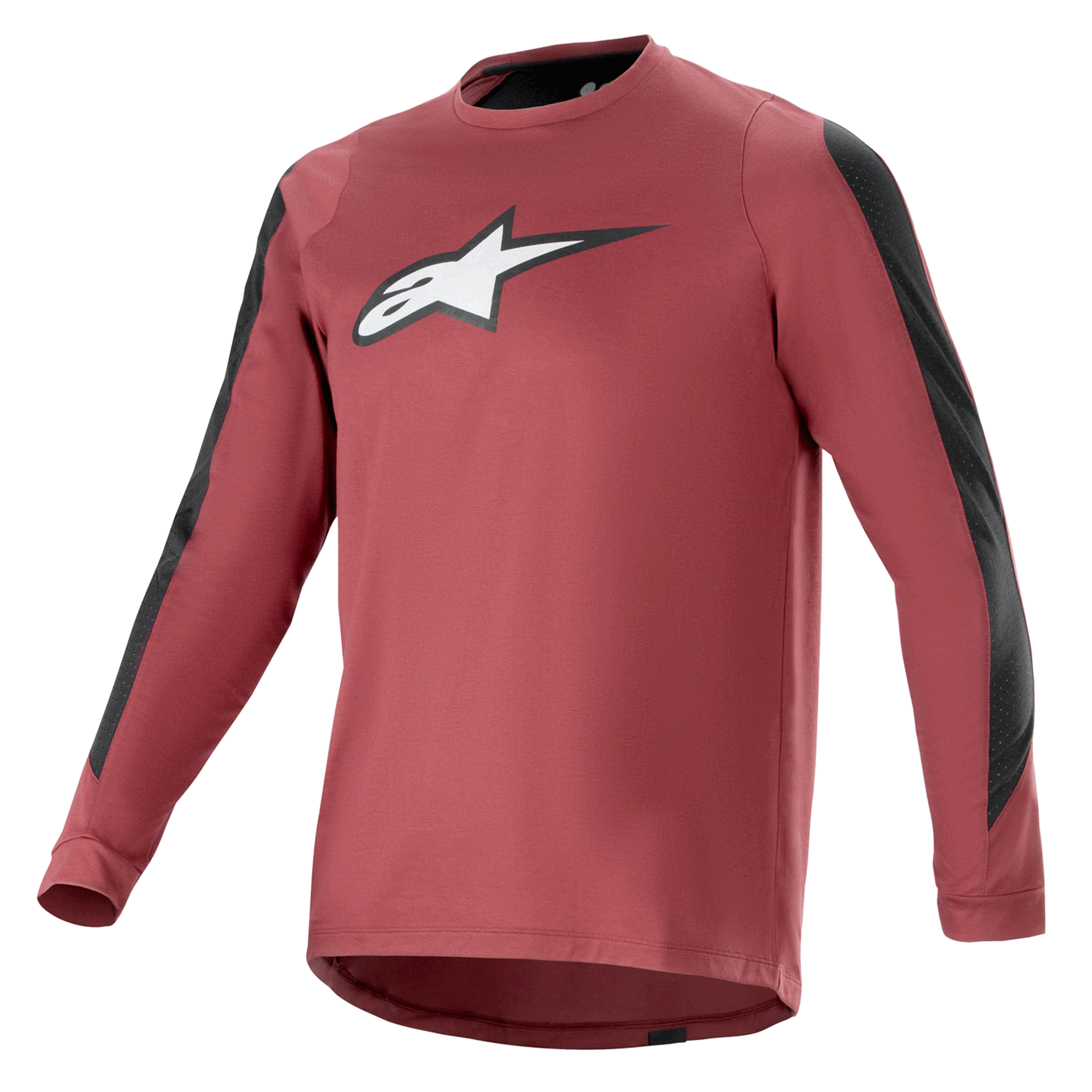 Alpinestars A-Dura Dri Astar Langarmtrikot, Burgunderrot und Schwarz, feuchtigkeitsableitendes drirelease-Gewebe, Rundhalsausschnitt, weißes Astar-Logo auf der Brust, schwarze Mesh-Einsätze an den Ärmeln, Performance-Mountainbike-Bekleidung