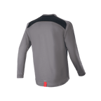 Alpinestars A-Dura Dri Astar Jersey met lange mouwen, donkergrijs, achteraanzicht met zwarte mesh ventilatiepanelen over de schouders en een klein rood label aan de zoom, technische mountainbikekleding