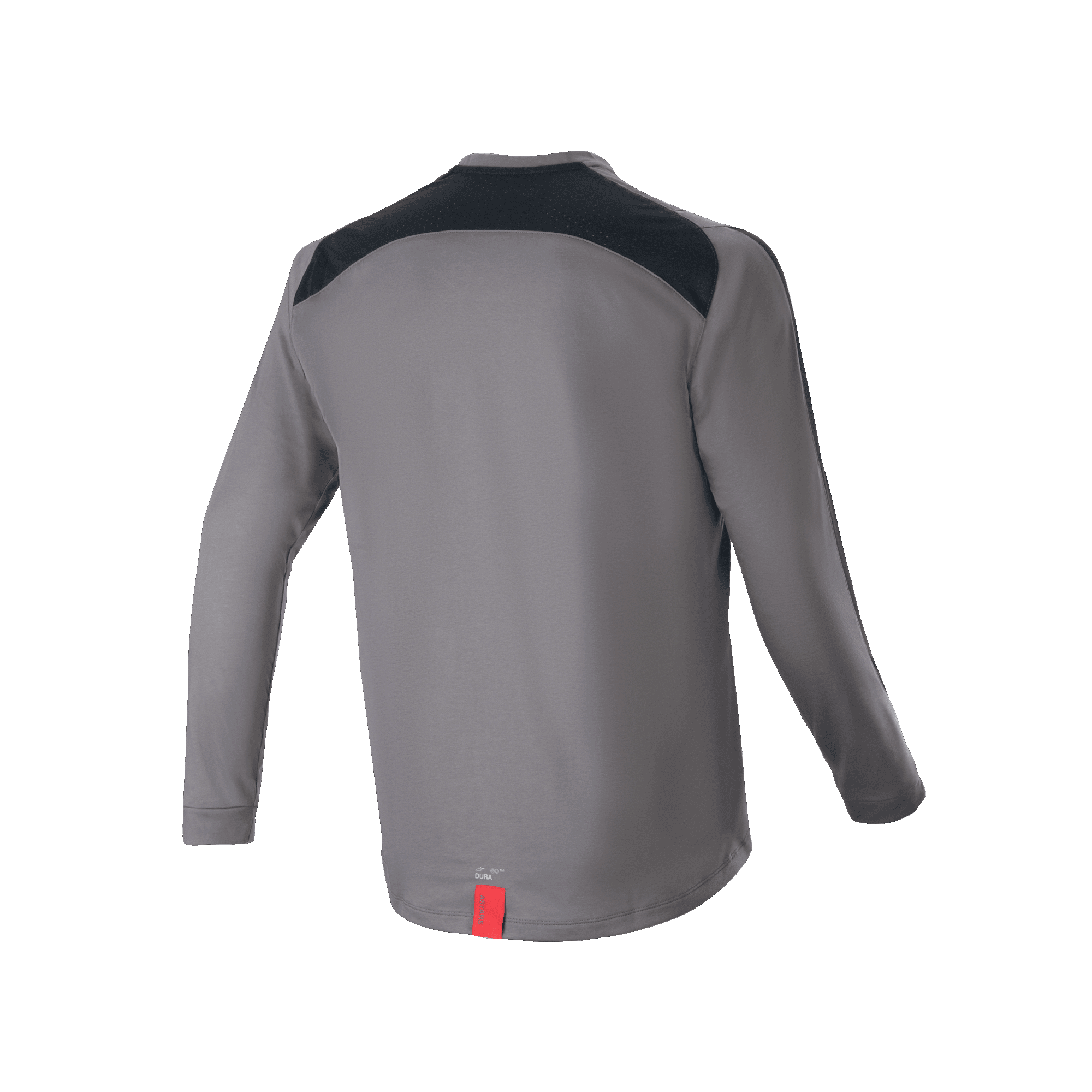Alpinestars A-Dura Dri Astar Jersey met lange mouwen, donkergrijs, achteraanzicht met zwarte mesh ventilatiepanelen over de schouders en een klein rood label aan de zoom, technische mountainbikekleding